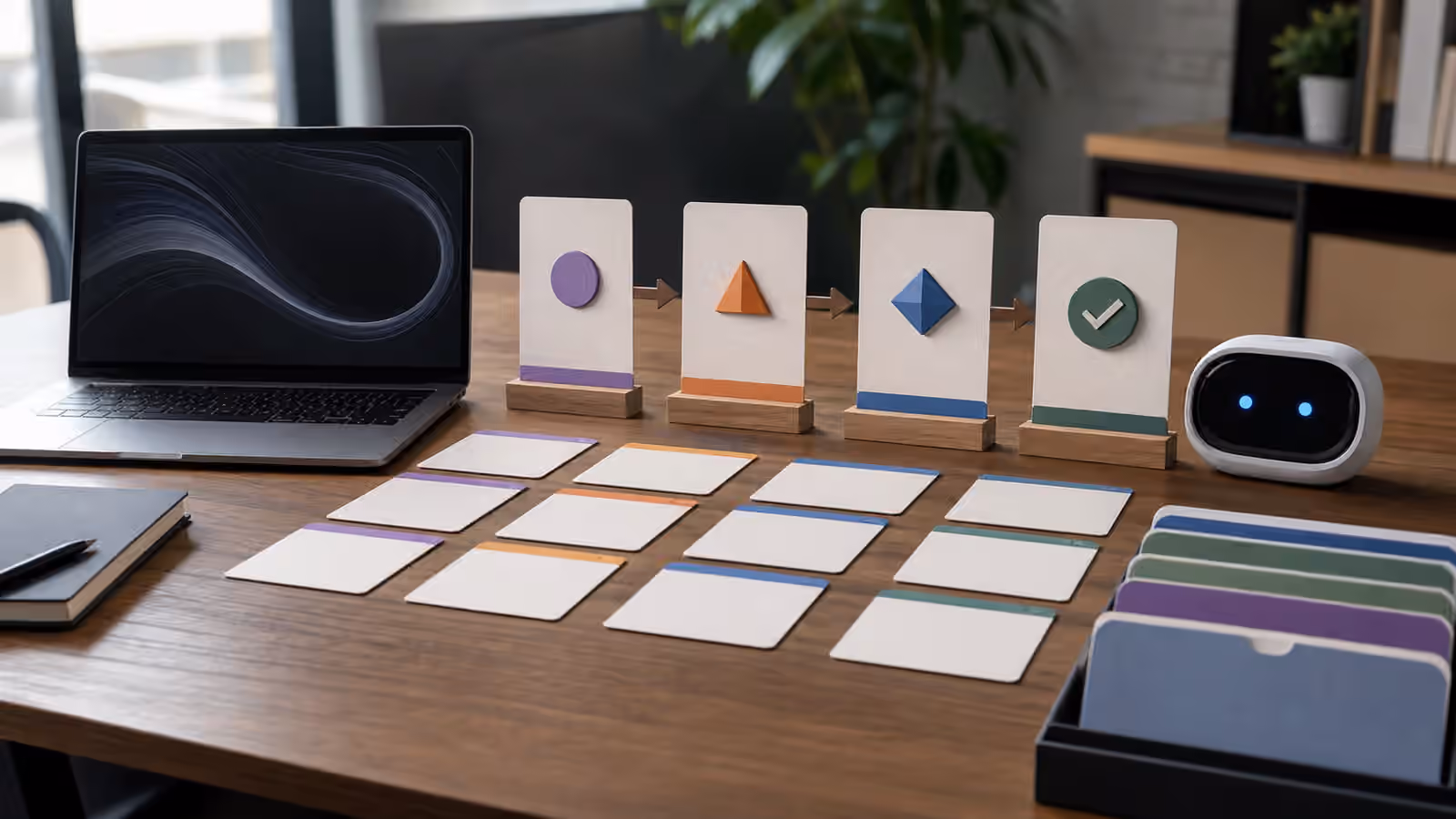 Blank acceptance cards and review gates arranged beside an abstract AI assistant device.