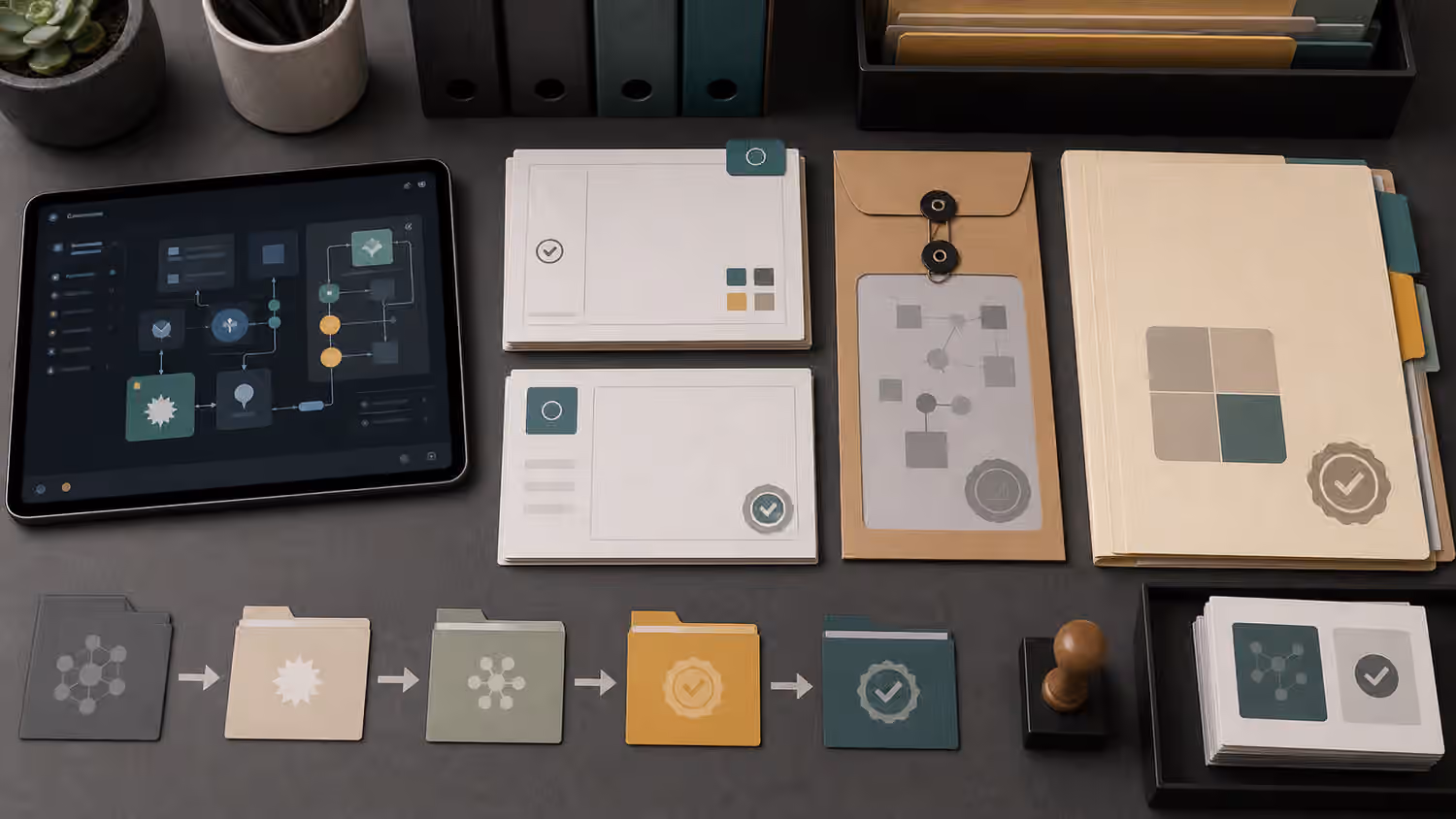 A desk with blank folders, evidence cards, validation stamps, and connected workflow tiles representing a reviewable AI agent artifact.