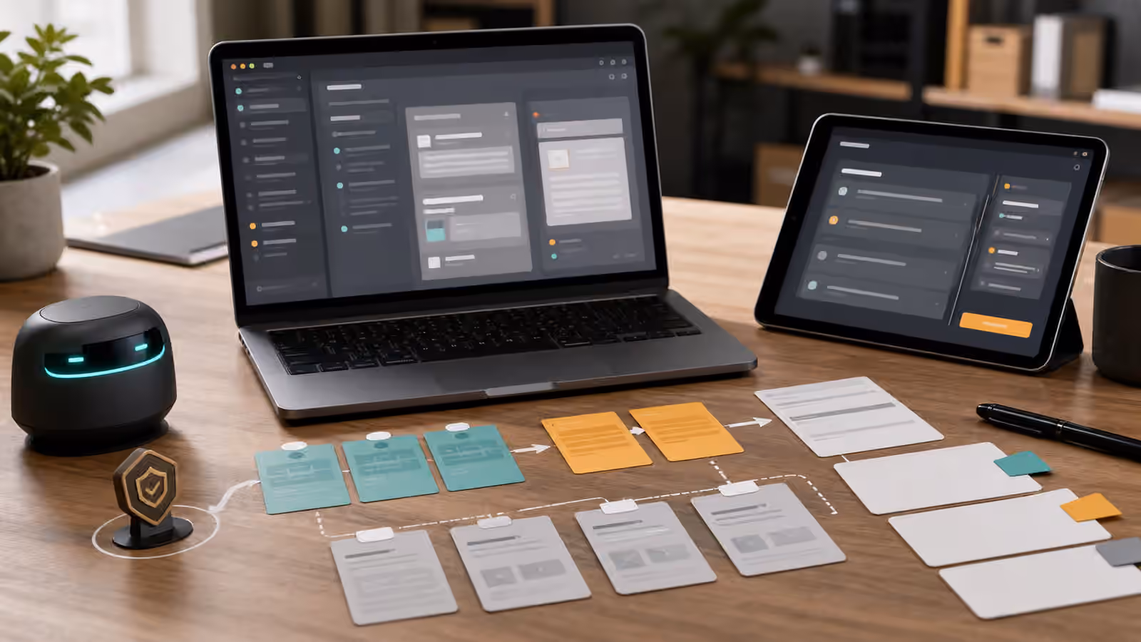 Abstract browser panels, blank form cards, and review tokens arranged on a desk beside an AI assistant device.