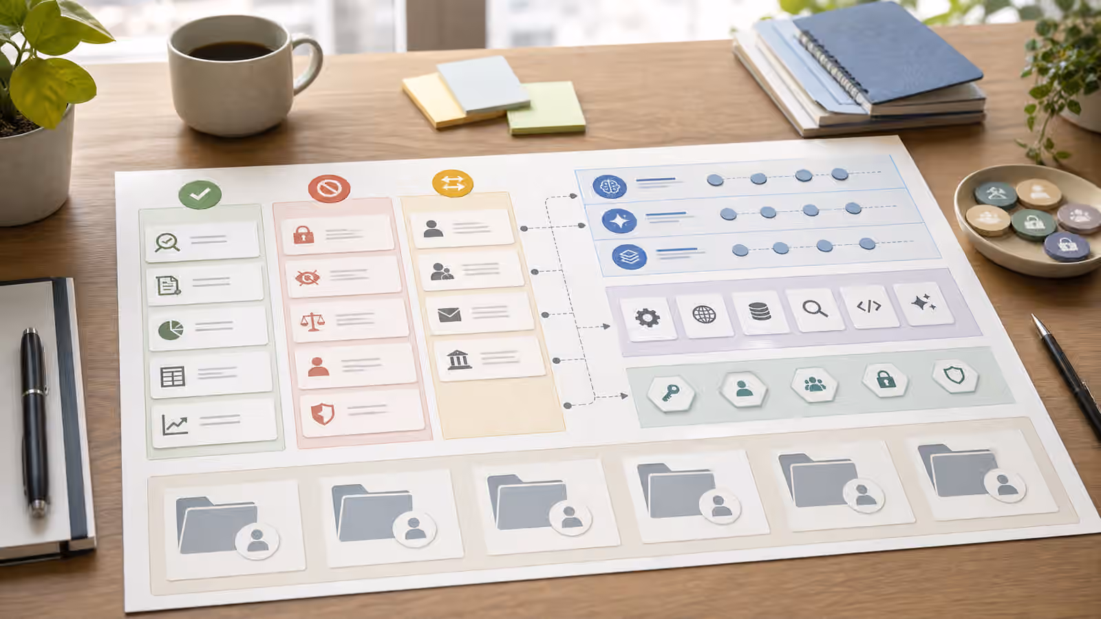 An operations desk with abstract capability cards, tool tiles, permission tokens, and review folders.