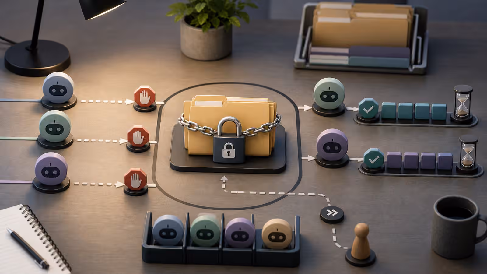Several abstract agent tokens approaching the same task folder while a lock token and queue lanes prevent collisions.