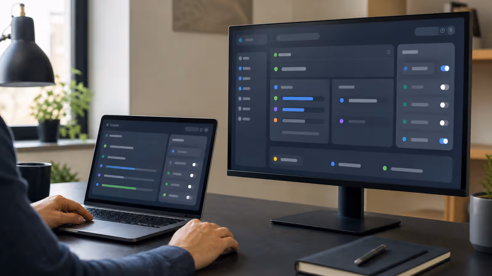 A human operator reviews an AI agent control surface with status panels, approval controls, evidence cards, and workflow traces without readable text.