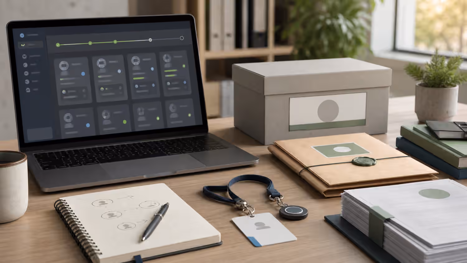 An agent operations desk with abstract status cards, archived evidence folders, a credential token, and a calm shutdown workspace.