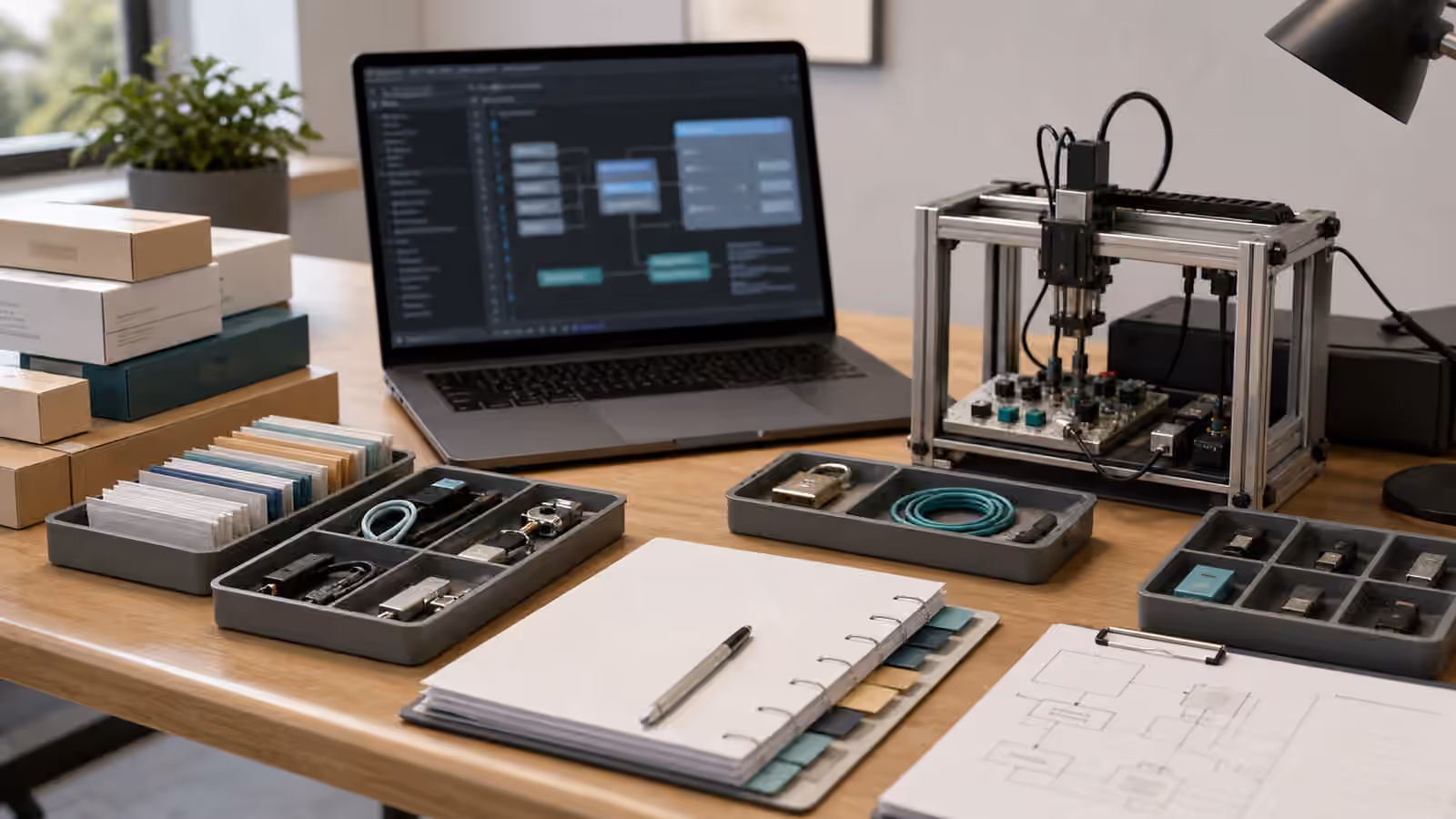 Organized AI agent dependency workbench with trays of connectors, documents, and a test rig.