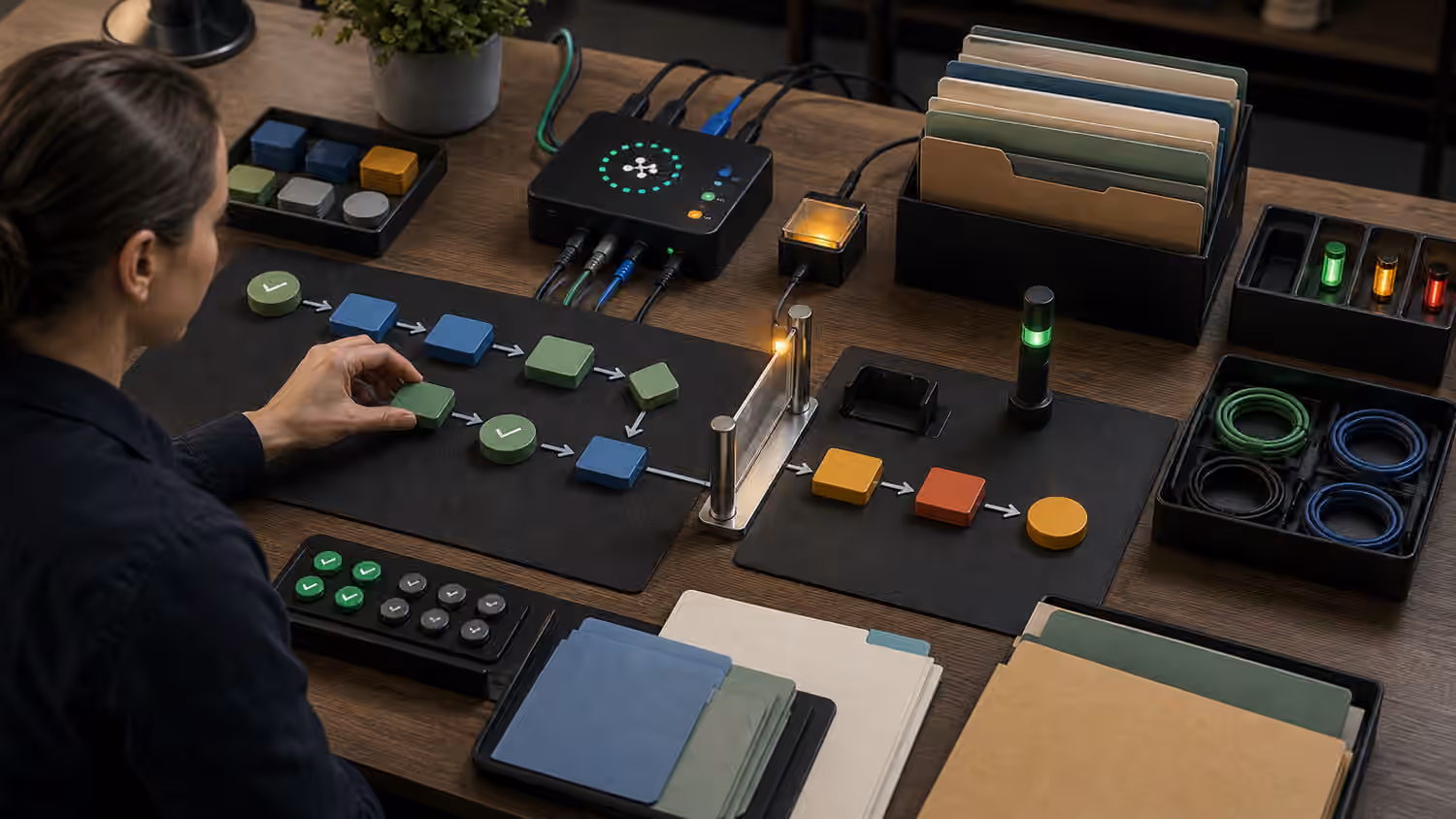 A supervisor arranges a simulated AI agent workflow with blank colored blocks, folders, indicator lights, and a boundary gate.