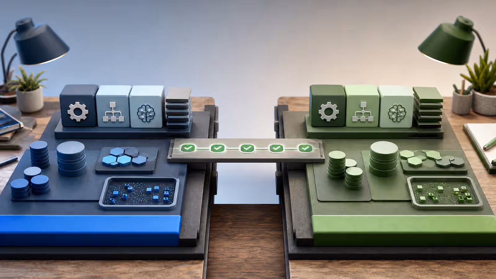 Two adjacent agent workbenches connected by validation markers between sandbox and production-like lanes.
