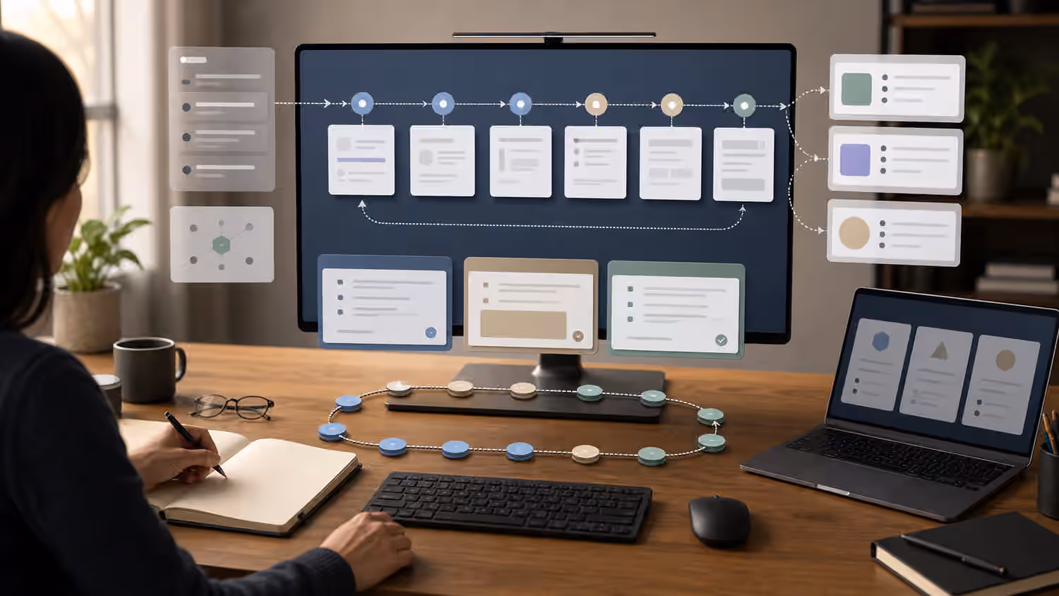 A reviewer workspace with abstract agent timeline cards, correction notes, evaluation samples, and a looped improvement path.