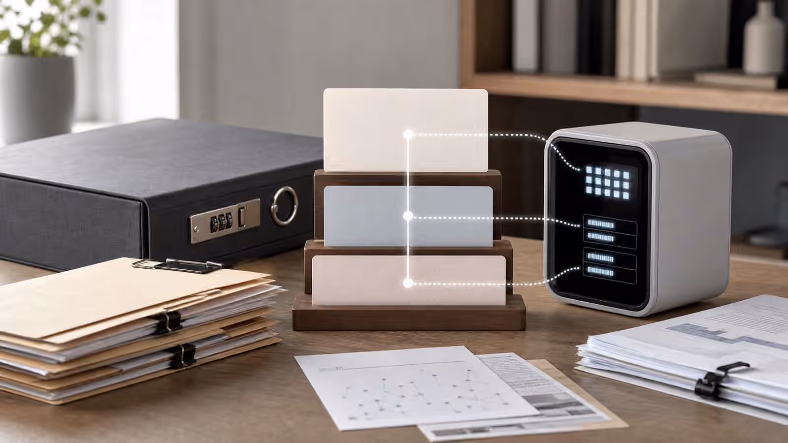 Layered blank instruction cards connected to an abstract AI assistant device.