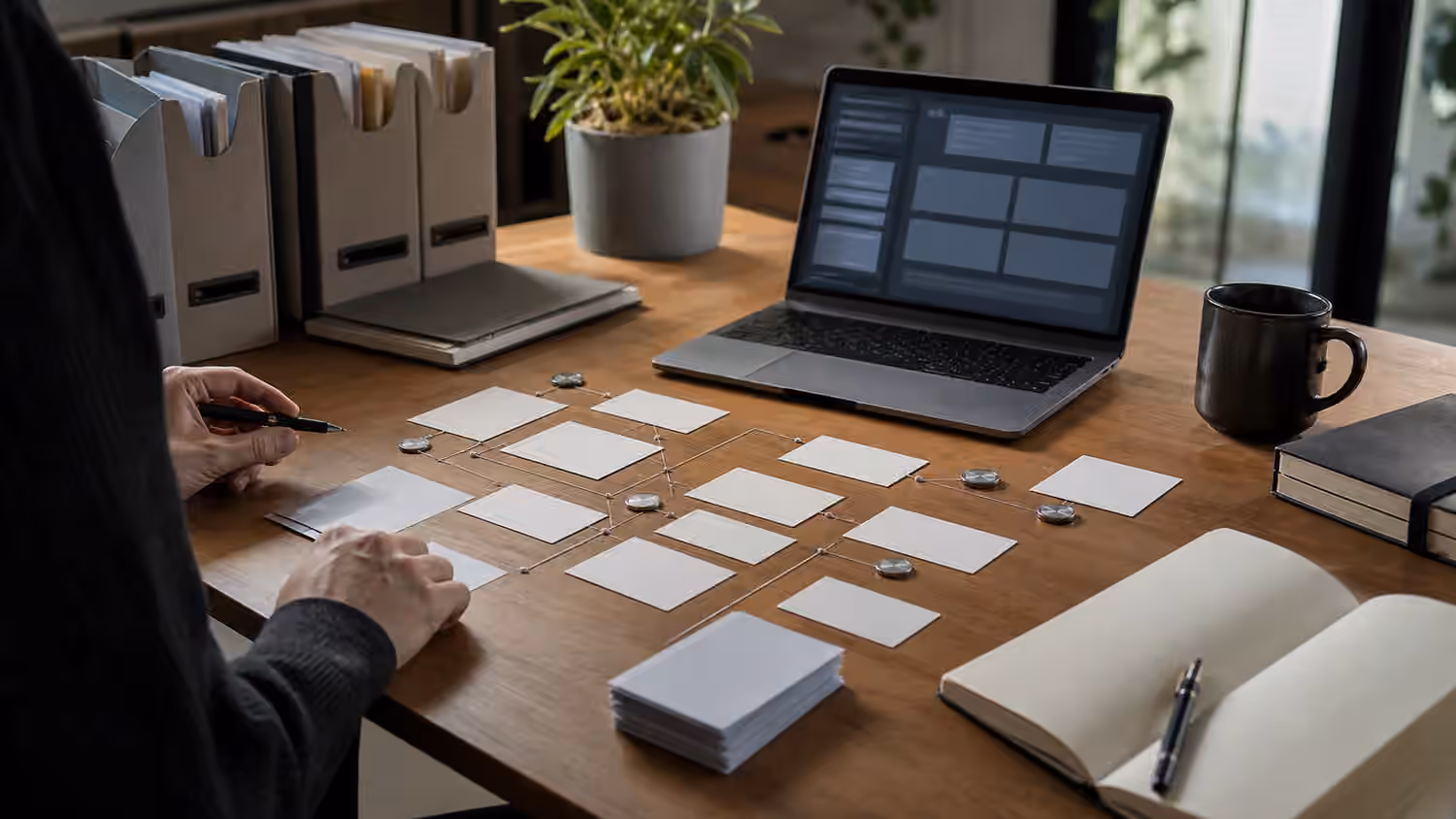An AI agent intake workspace with blank task cards, source folders, approval tokens, and abstract interface panels.