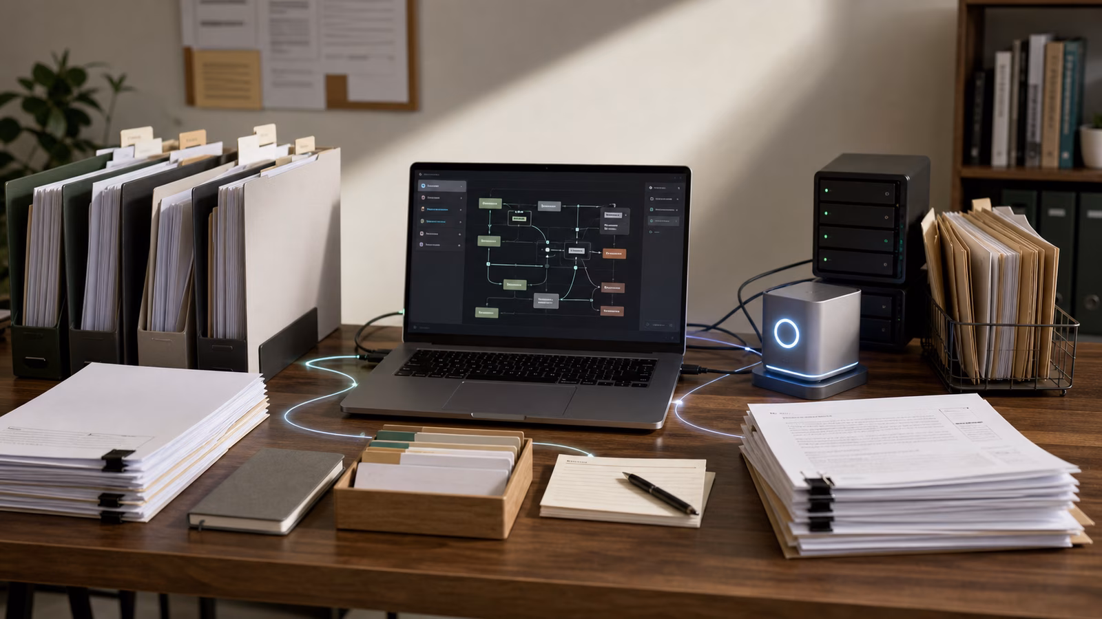 A carefully organized AI agent knowledge base workspace with trusted source folders, documents, storage devices, and an abstract illuminated assistant device.