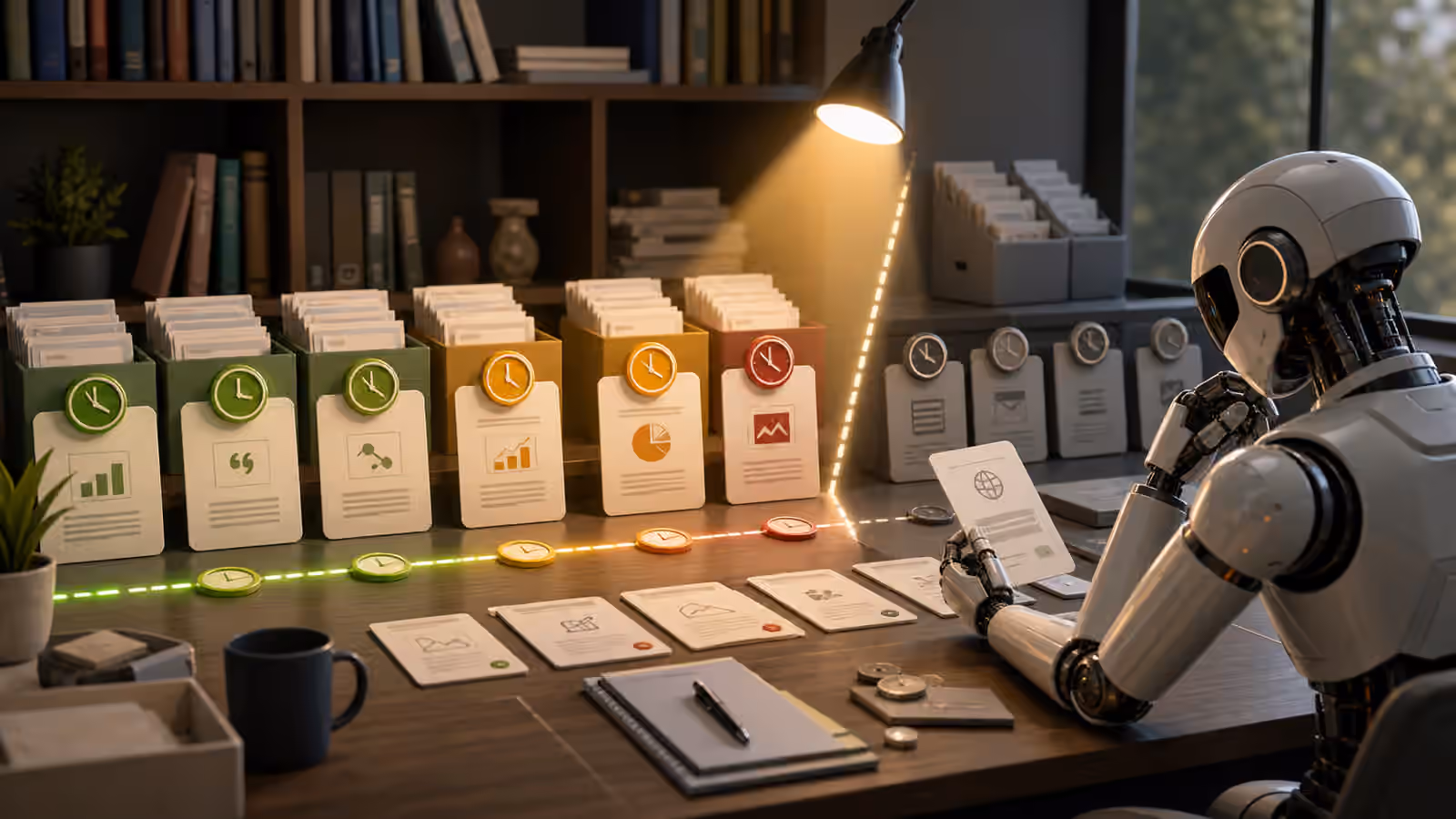 A reference shelf and agent work desk with source cards, abstract clock icons, archived folders, and a review light.