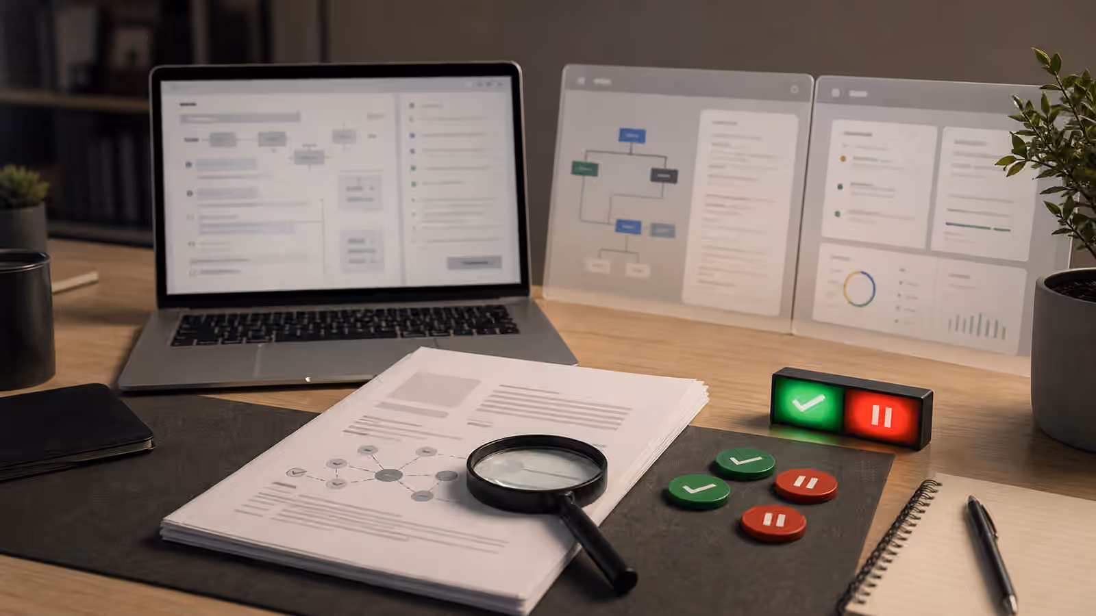 AI agent verification workbench with review tokens and abstract evidence panels.