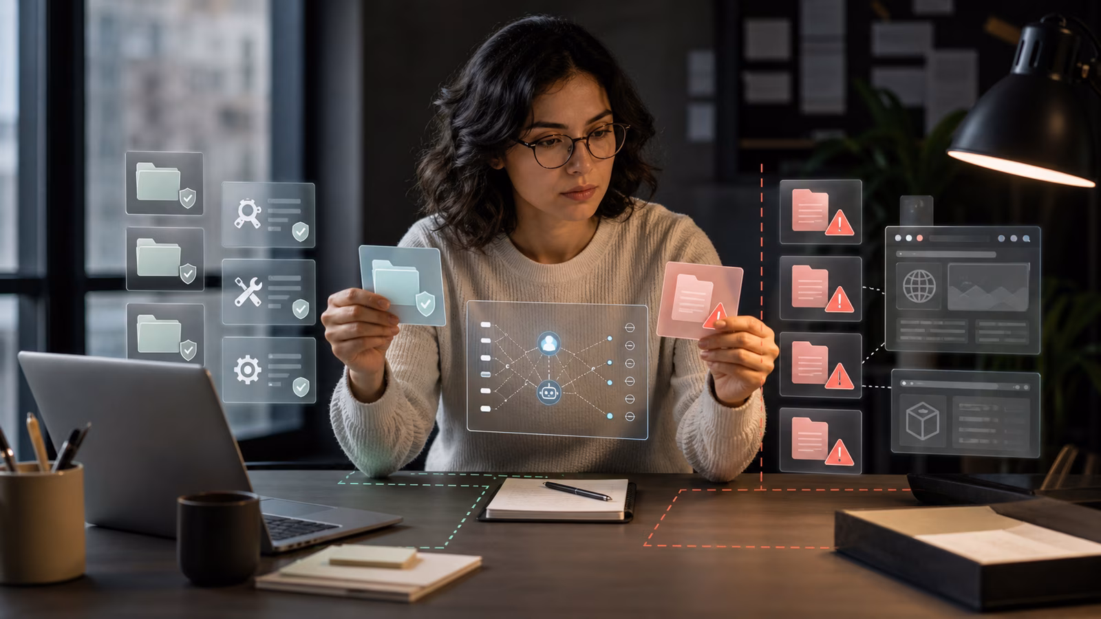 A human operator separating trusted AI agent workflow materials from untrusted warning-marked document panels.