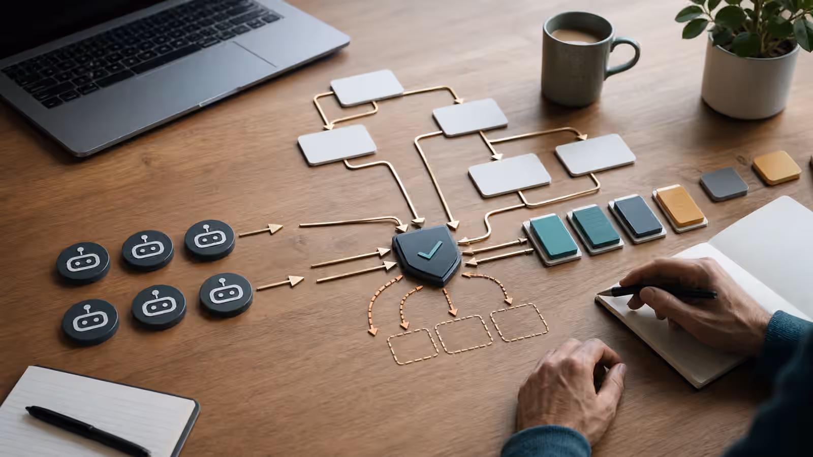 AI agent workflow with repeated action tokens routed through a guarded checkpoint.