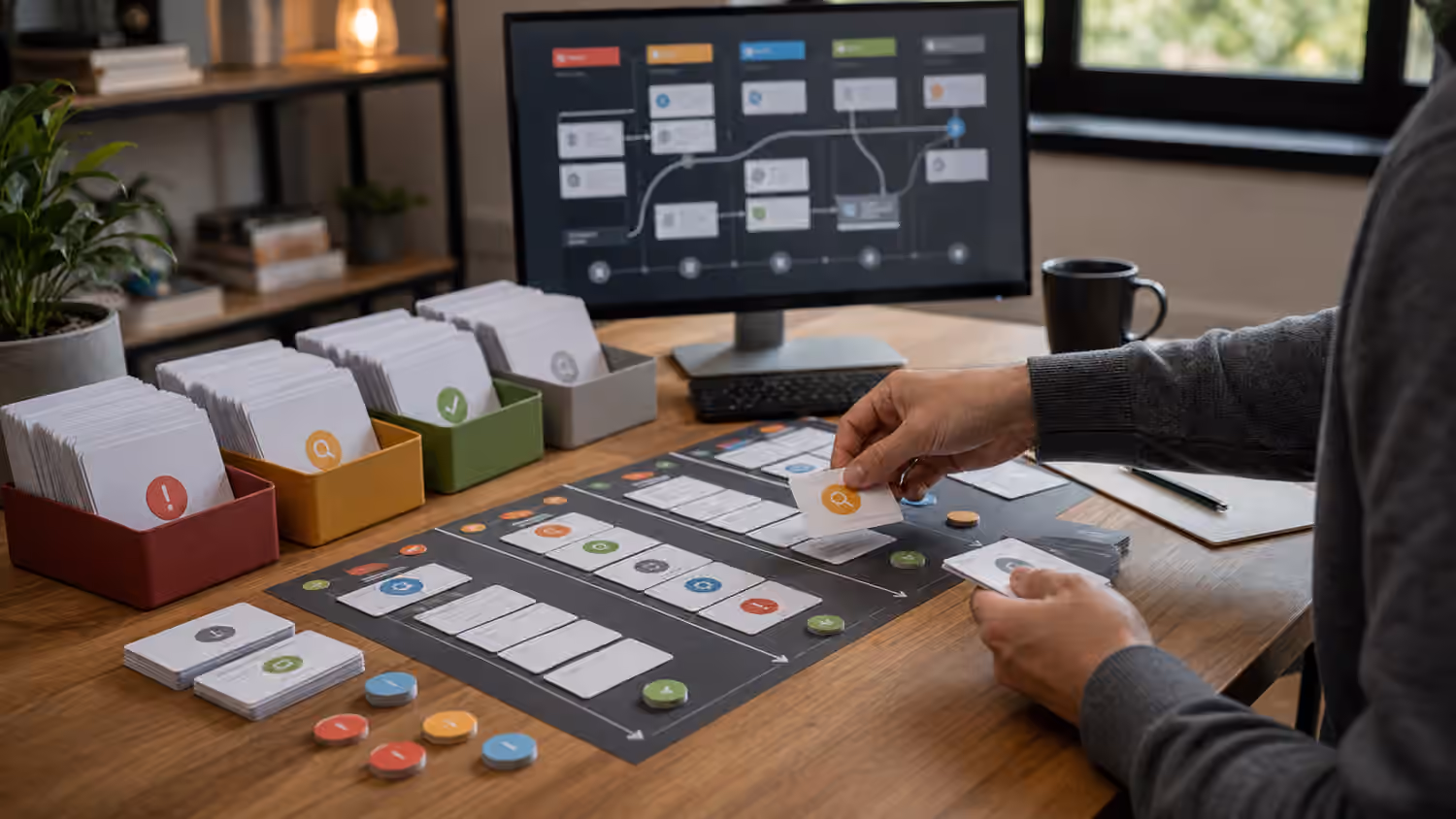 An AI agent review queue desk with abstract approval cards, status tokens, and blurred lane diagrams.