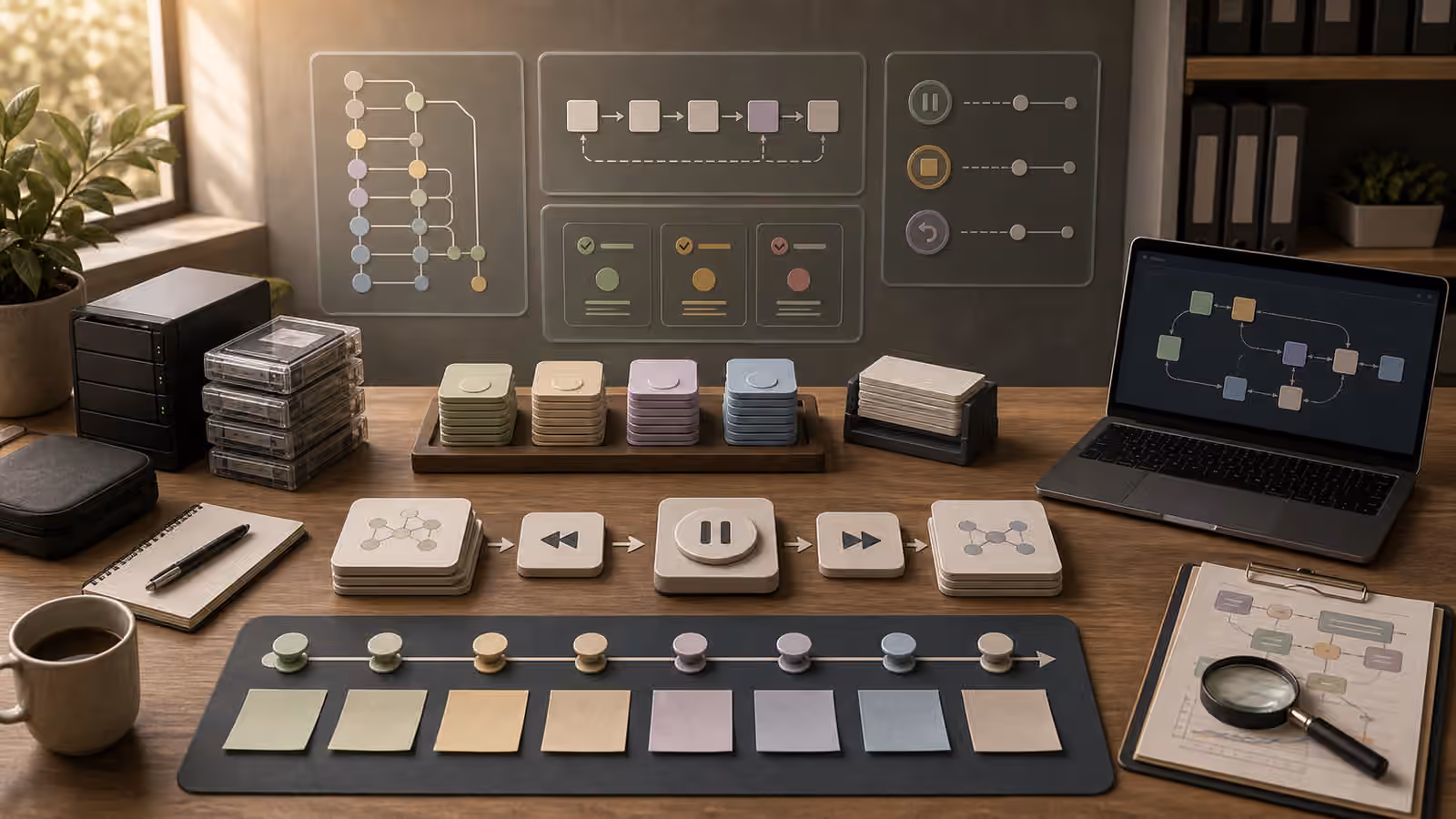 An operations desk with abstract status panels, version stacks, backup hardware, and a recovery timeline.