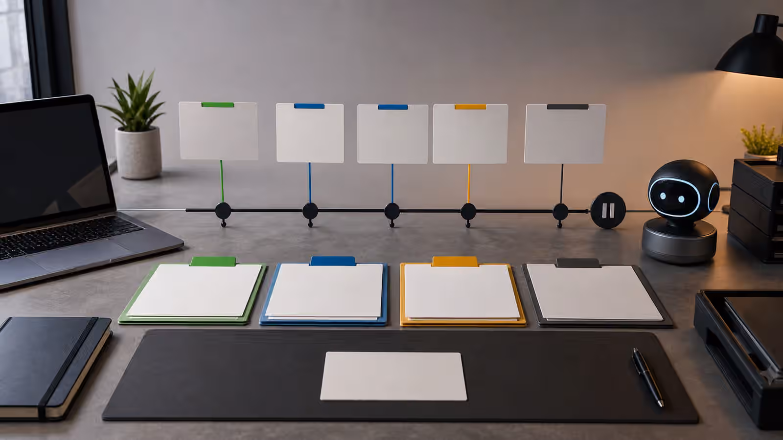 Blank progress cards on a timeline beside an abstract AI assistant device and review folders.
