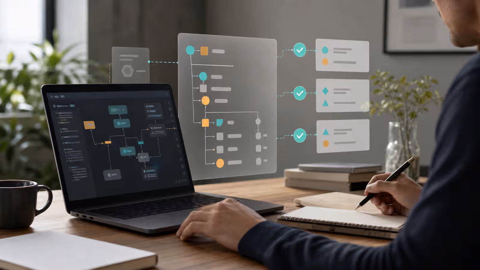 AI agent schema workbench with abstract validation cards and connected data fields.