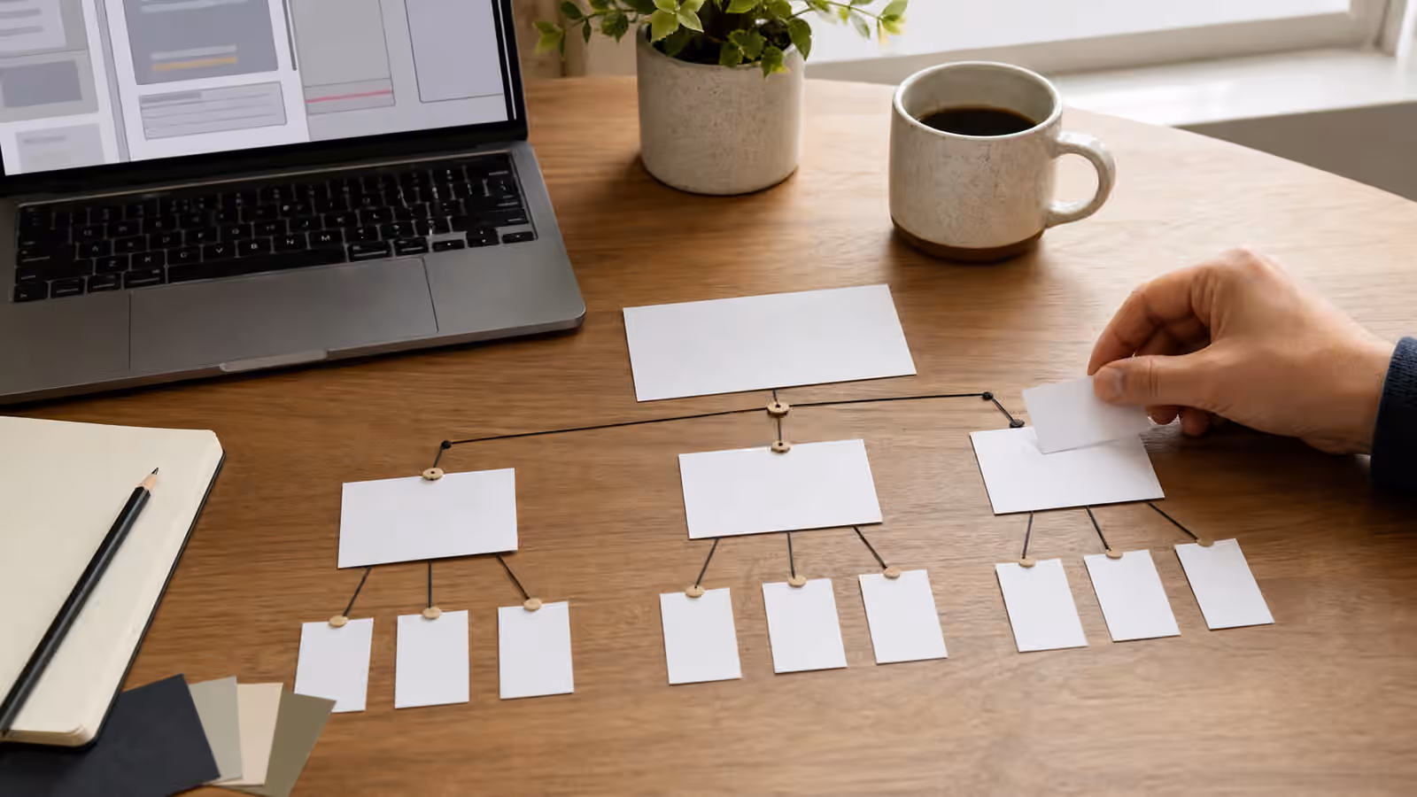 Blank task cards connected into smaller AI agent work lanes across a desk.