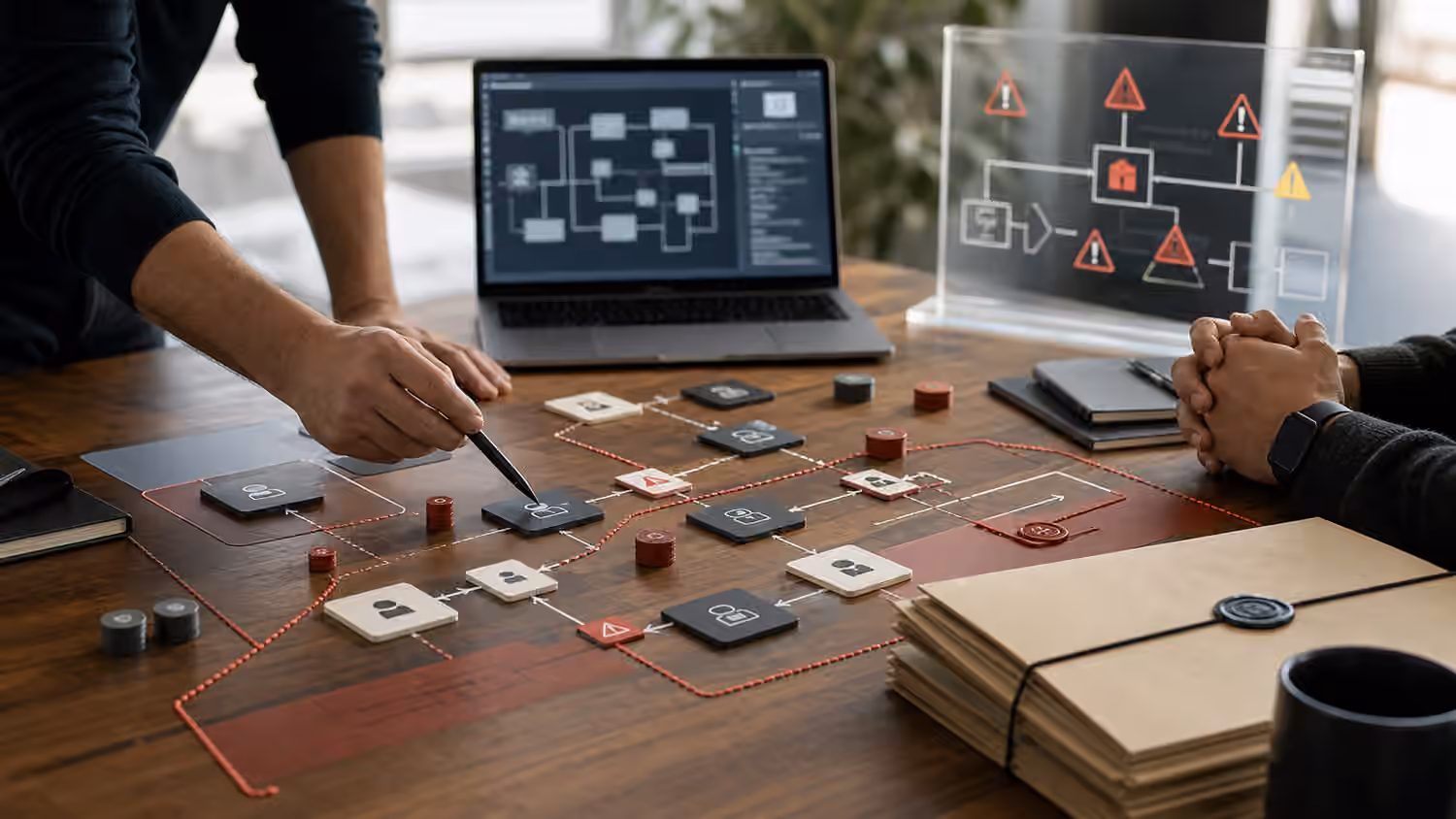 A security review desk for AI agent workflows with abstract boundary markers, access tokens, and blurred diagram panels.