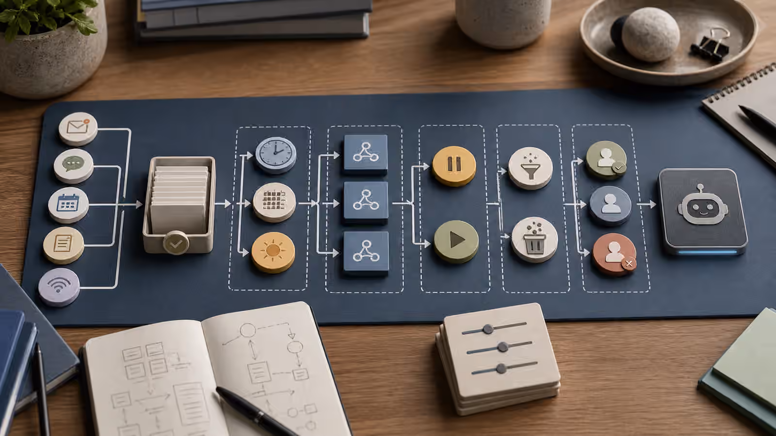 A workflow board with abstract event sources, an inbox tray, schedule tokens, and review gates flowing into an agent lane.