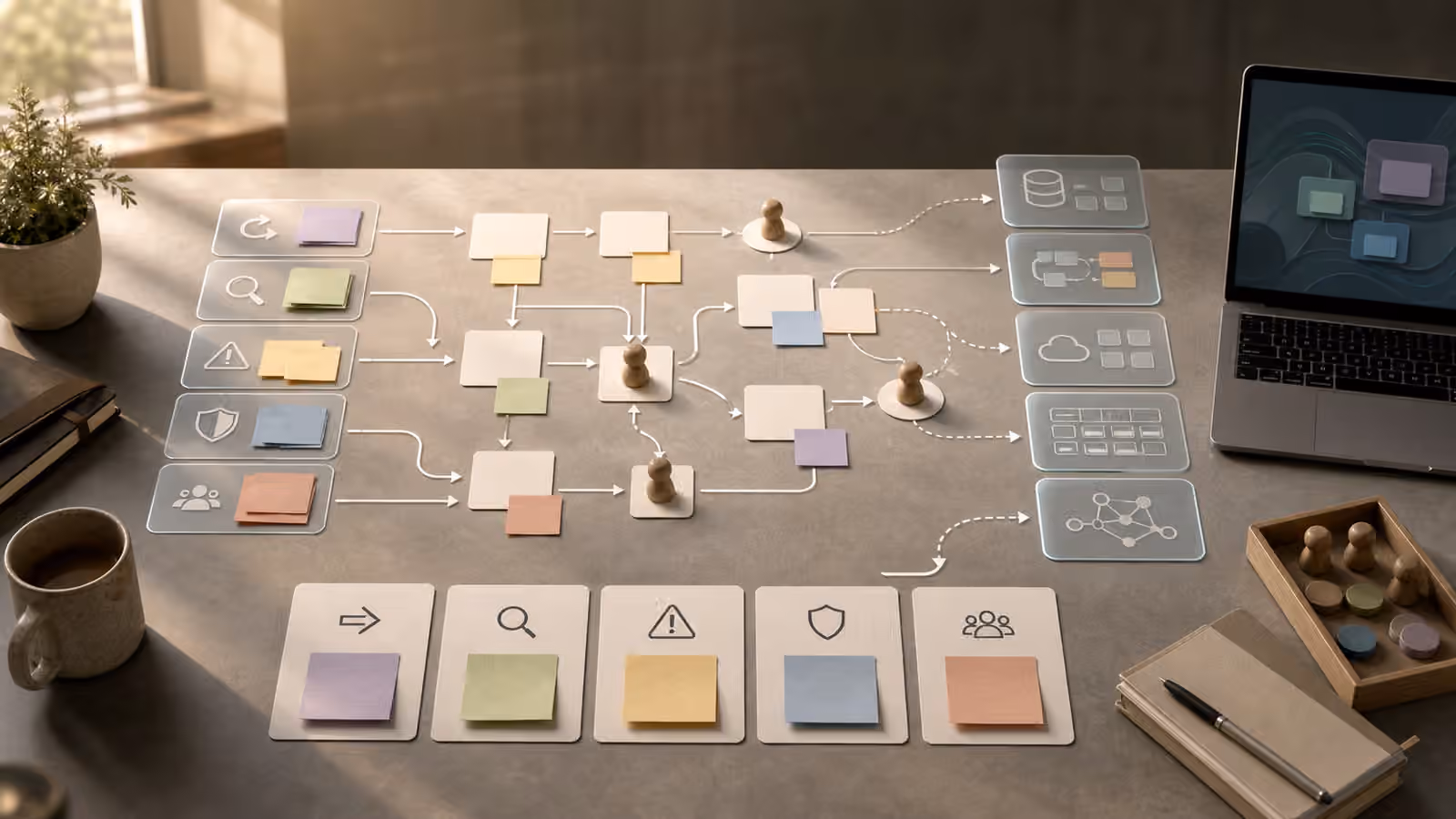 A workflow mapping desk with process cards, abstract laptop panels, and connected task notes.