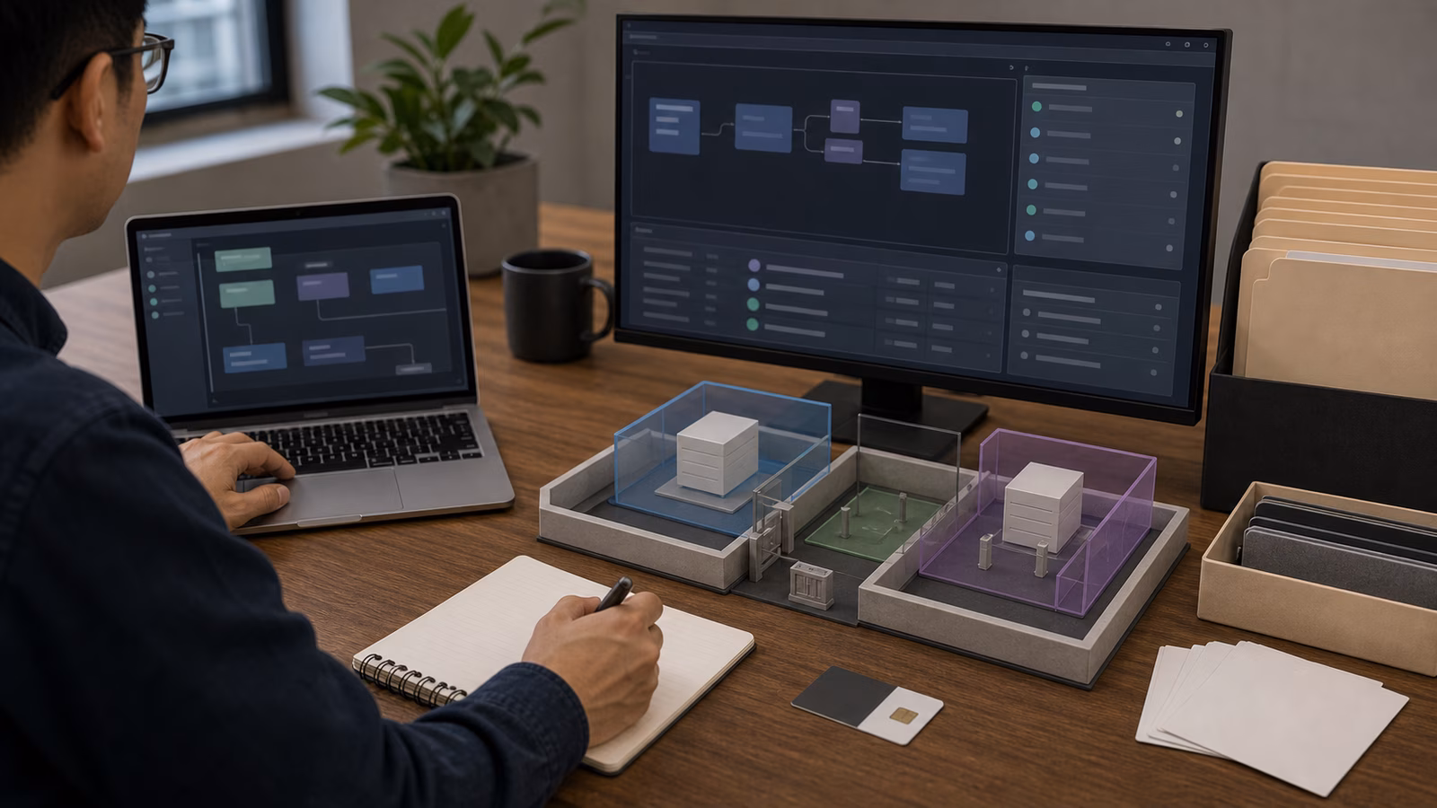 A human operator reviews abstract AI workflow panels beside a tabletop model of separated sandbox work zones, blank cards, folders, and a secure access card.