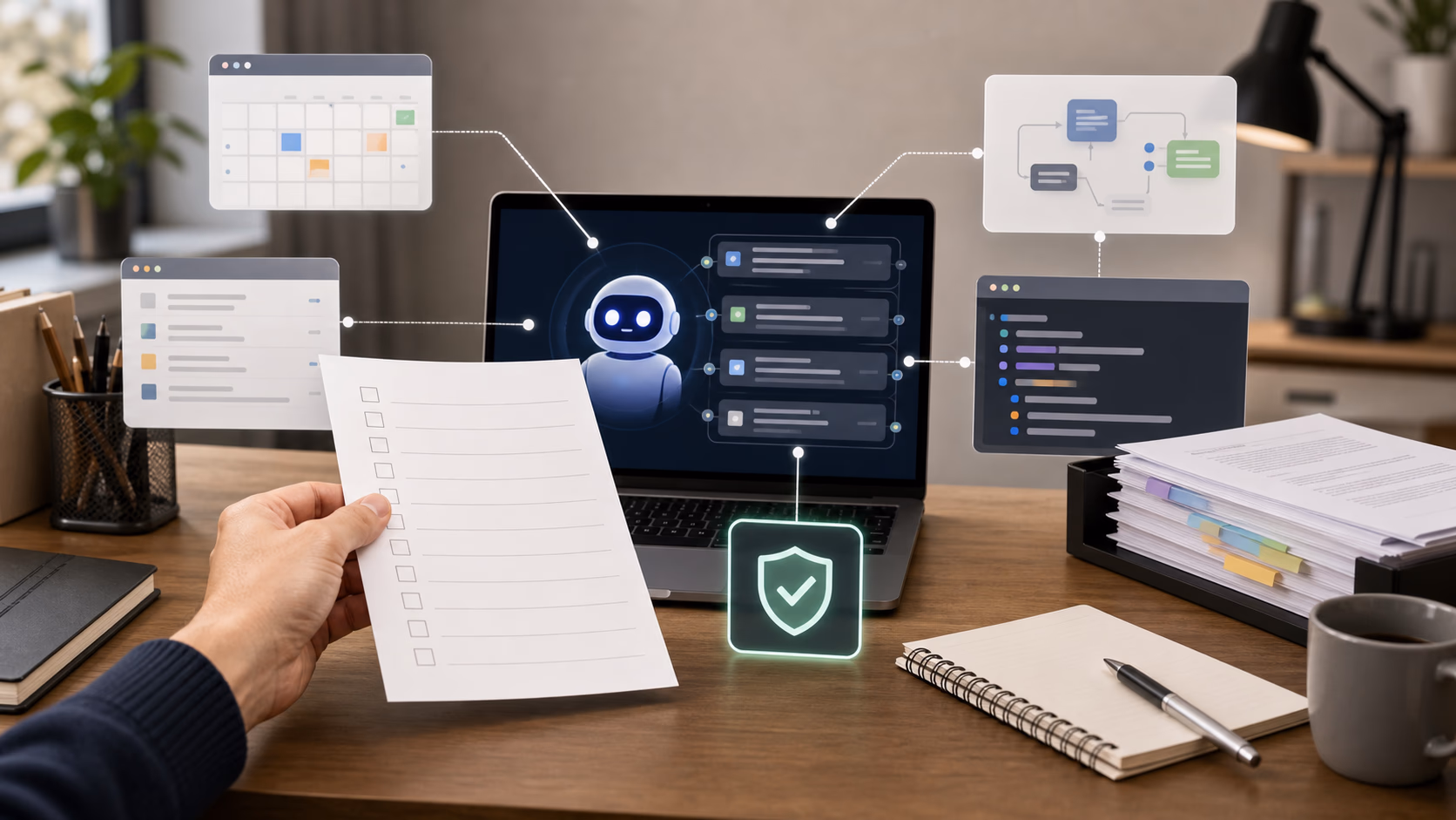 A desk scene showing a human handing a complex task list to an AI agent represented by a calm workstation with connected tools, calendar, browser, document stack, and code editor panels, realistic editorial technology photography, no readable text