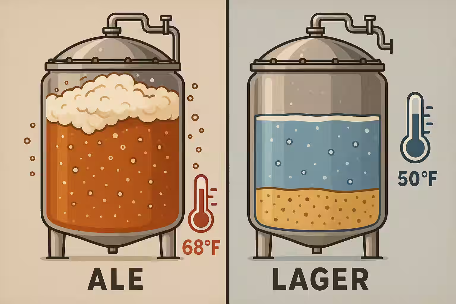 Split composition showing two fermentation tanks side by side - one warm and active with ale yeast rising to the top creating foam, the other cold and calm with lager yeast settled at the bottom, illustrated with visible temperature indicators and bubbling activity