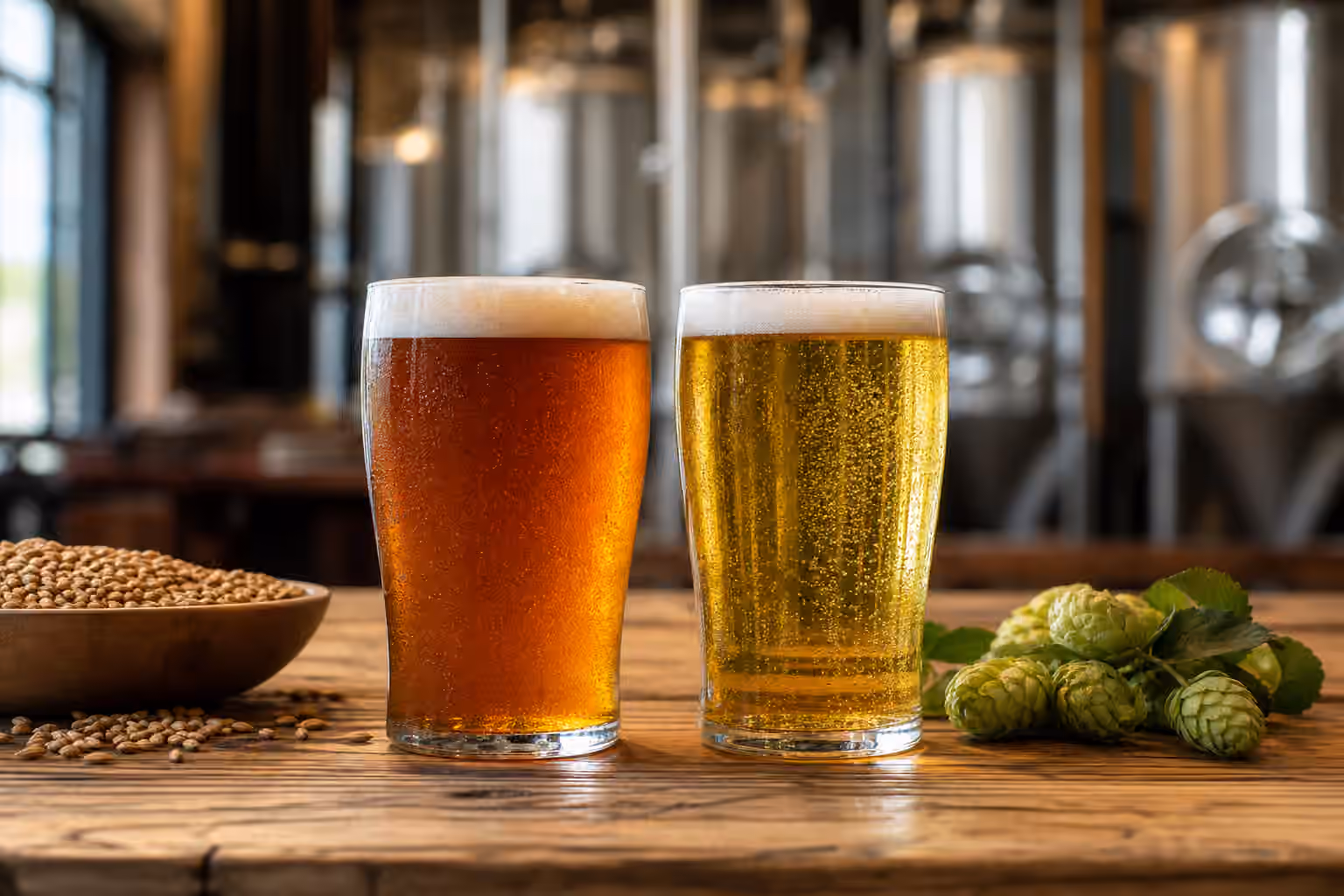 Two unbranded beer glasses comparing amber ale and pale lager on a brewery table with malt and hops.