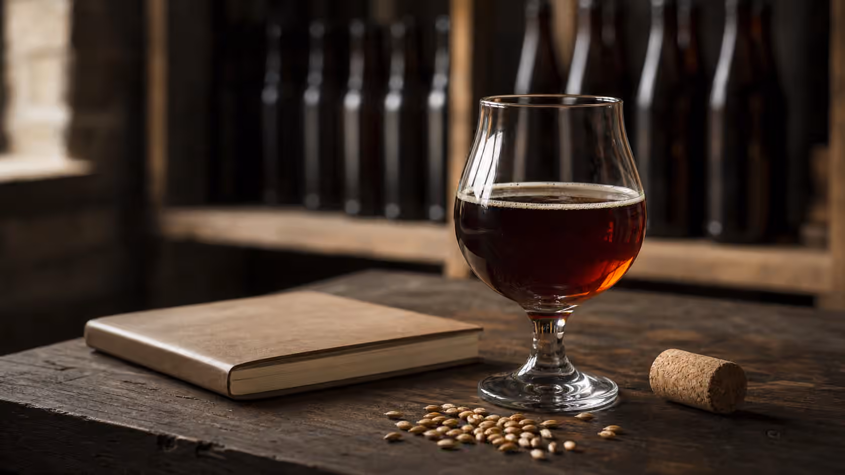 A small glass of deep ruby-brown strong ale on a cellar table with a cork, notebook, and barley grains.