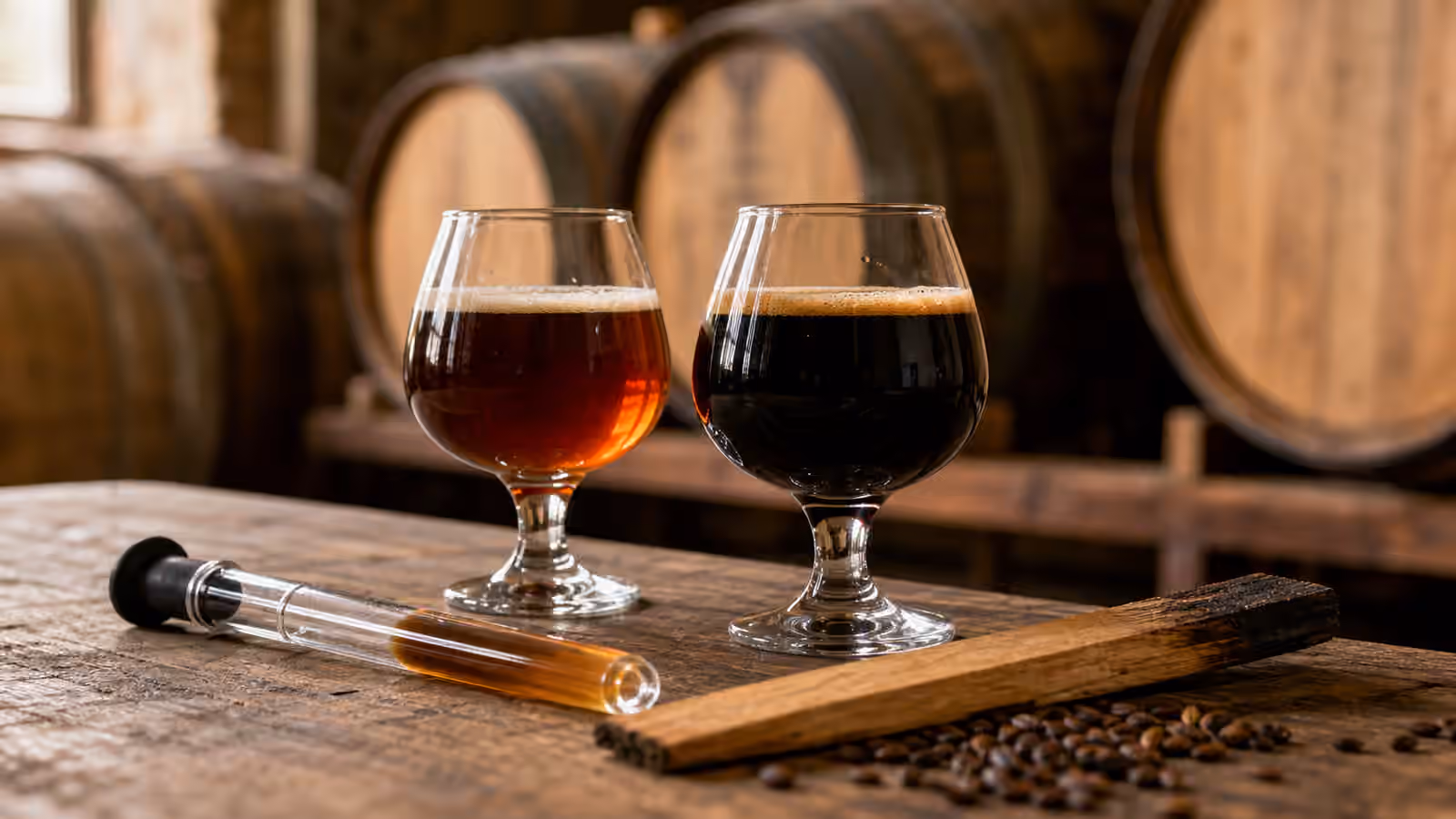 Two snifter glasses of dark barrel-aged beer on a wooden table with oak barrels softly blurred behind them.