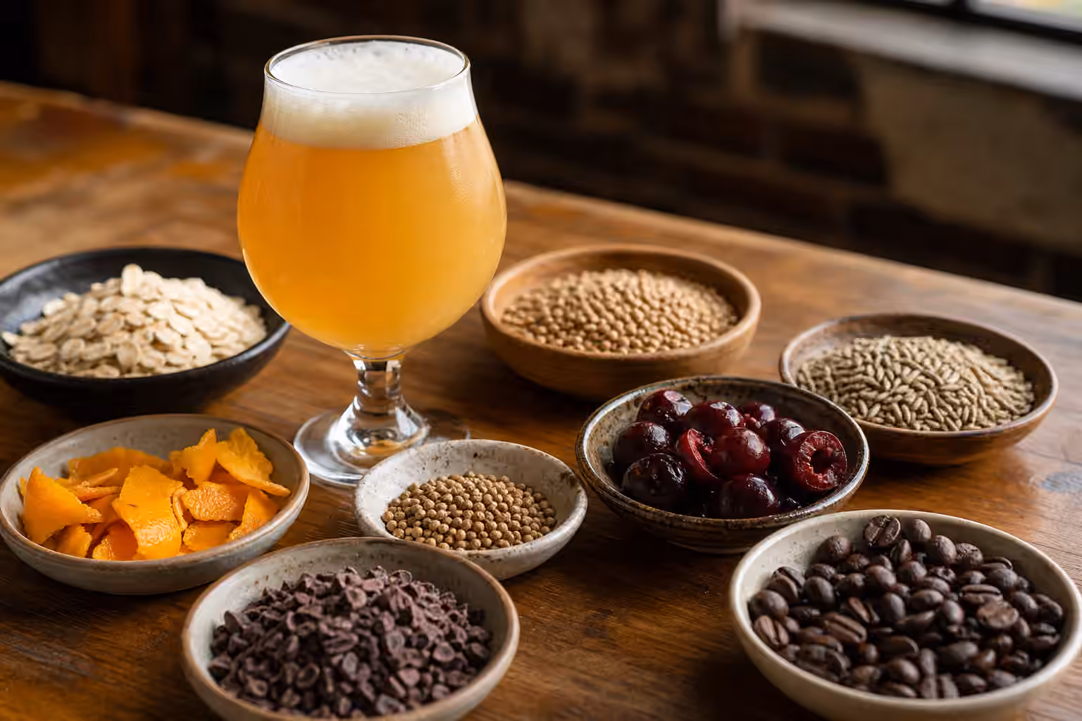 An unbranded glass of hazy beer beside wheat, oats, rye, orange peel, coriander, cherries, cacao nibs, and coffee beans on a brewery table.