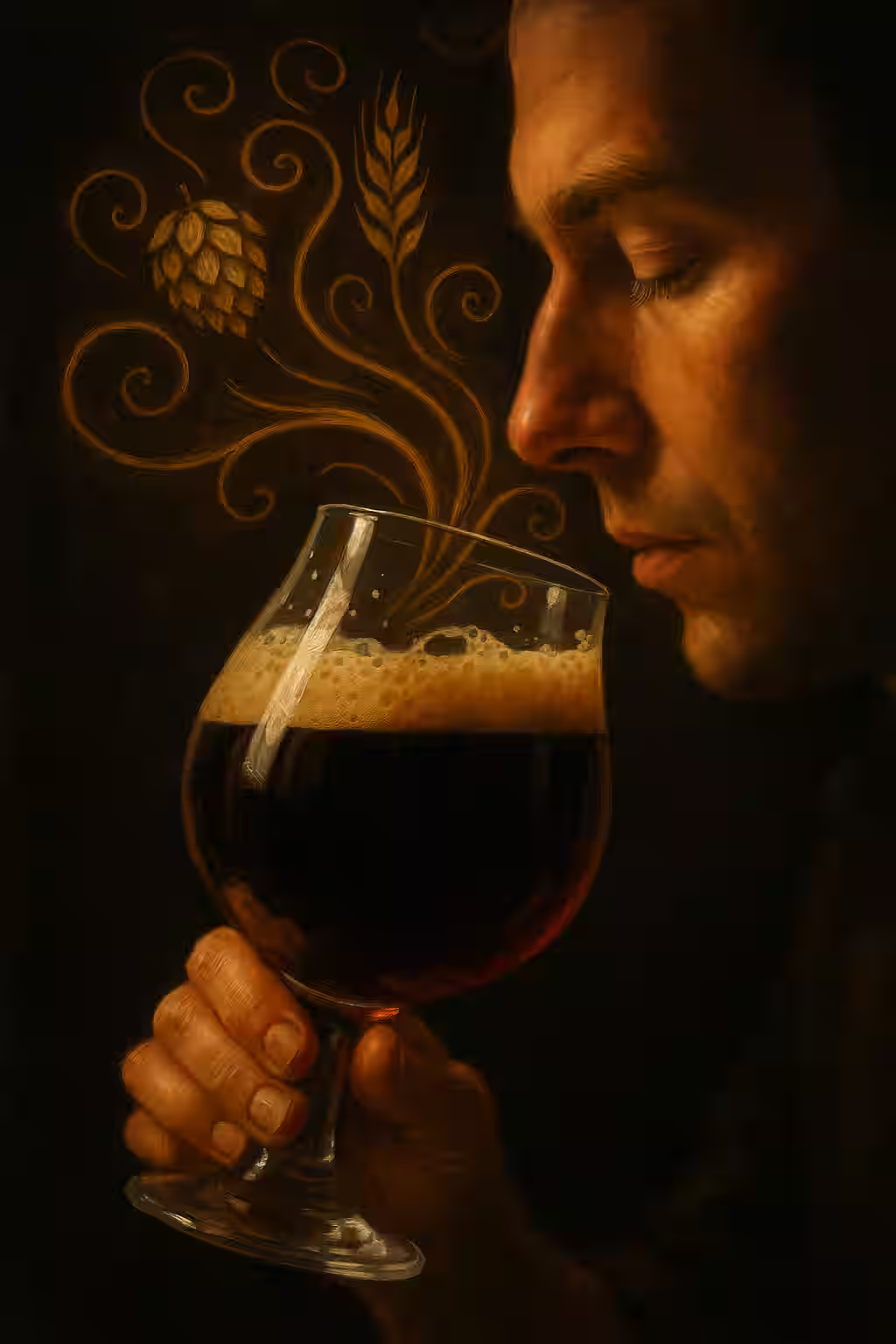 Close-up of a person gently swirling a snifter glass of dark beer, nose positioned above the rim inhaling aromas, with visible aromatic swirls illustrated above the glass representing hop and malt notes, artistic lighting