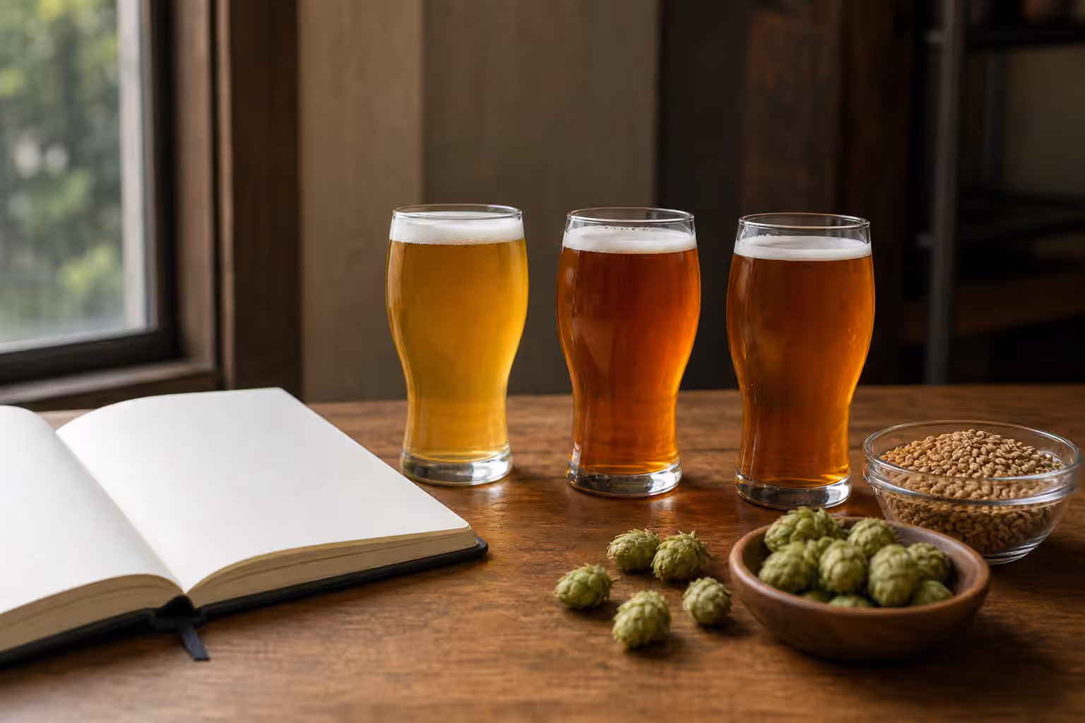 Three beer tasting glasses beside hops, malt, and a blank notebook for comparing bitterness.