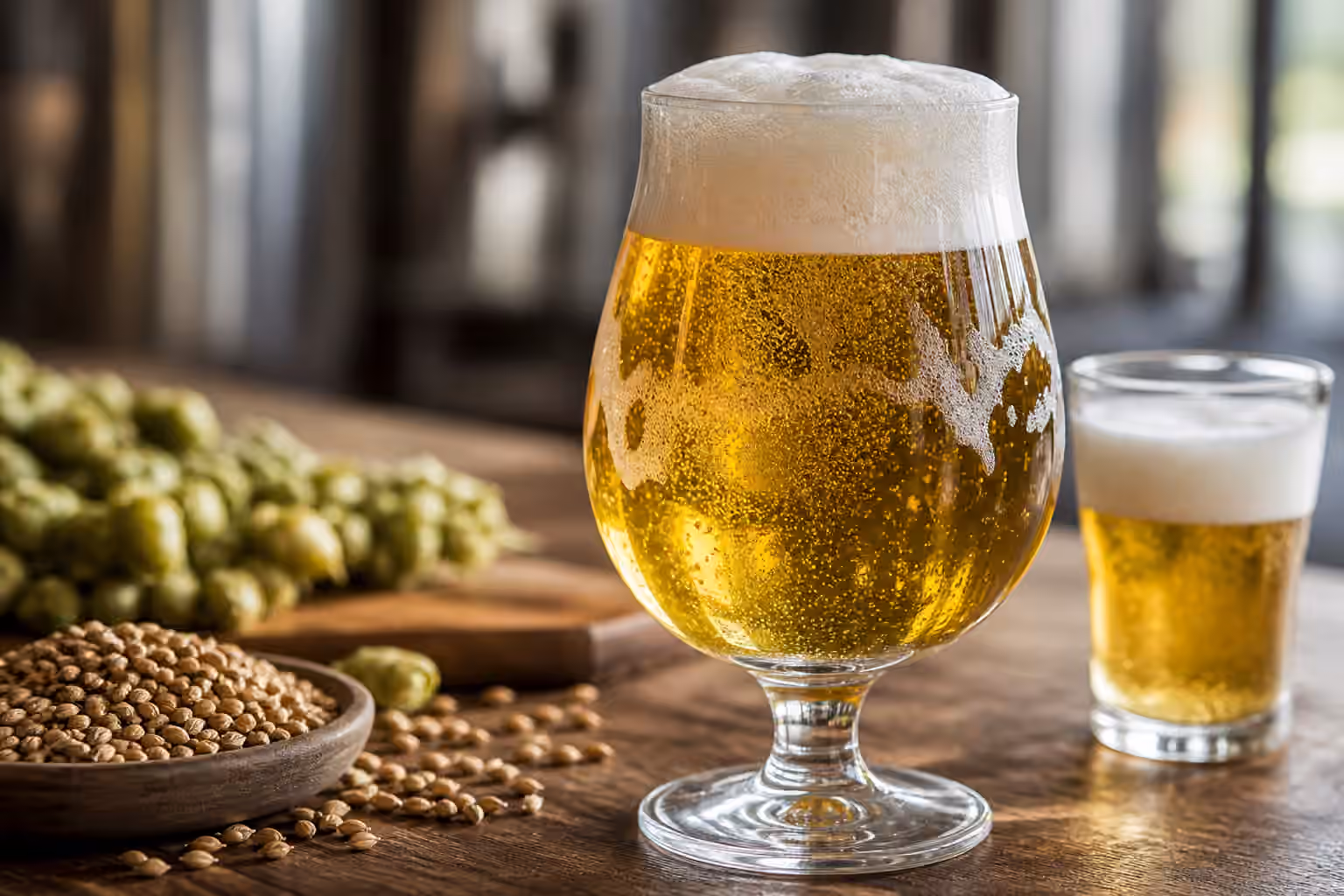 A freshly poured golden beer with a dense white foam head, visible bubbles, malt, and hops on a wooden bar.