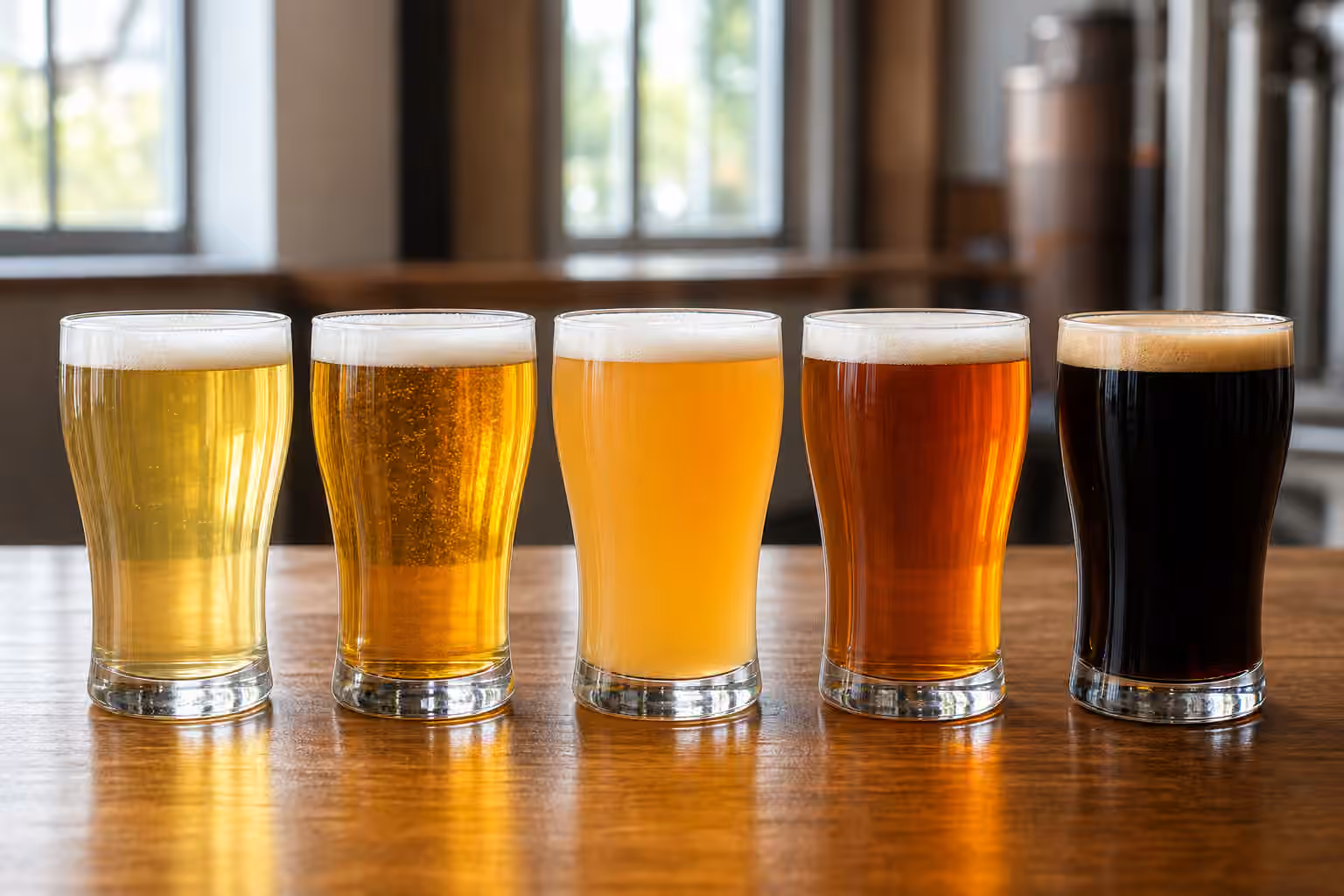 Five beer tasting glasses showing pale, golden, hazy, amber, and dark beer on a wooden bar.