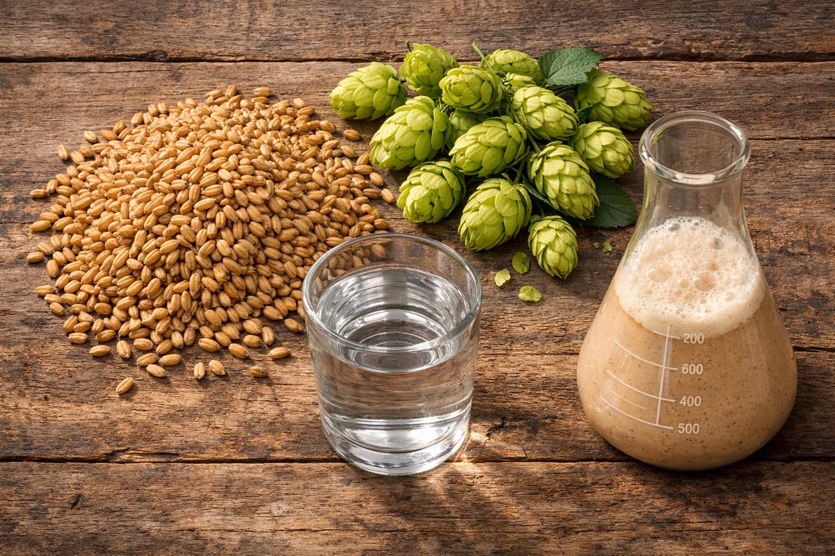 Beer ingredients flat lay: golden malted barley grains, green hop cones, a glass of water, and yeast culture in a flask, arranged on a rustic wooden surface, soft natural lighting, realistic photography
