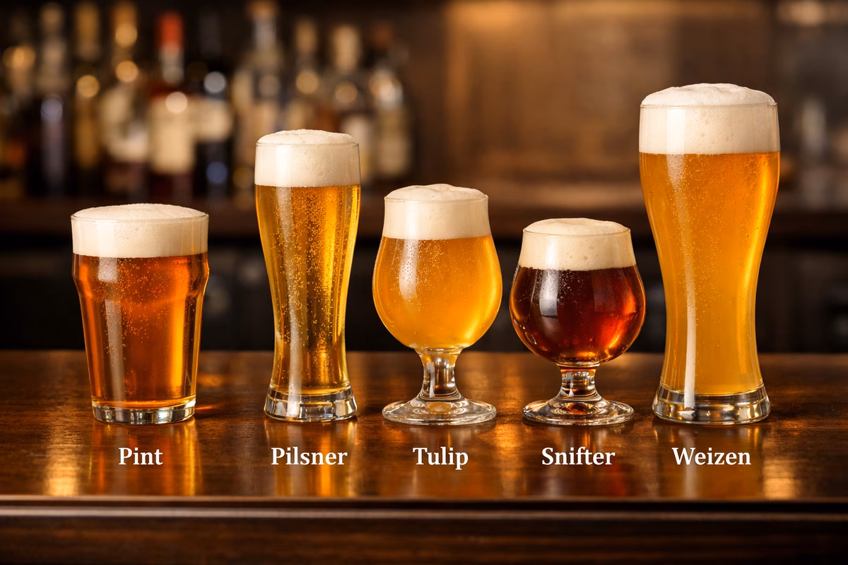 A lineup of beer glasses: shaker pint, tall pilsner flute, tulip glass, snifter, and weizen glass, each labeled, arranged on a bar counter, soft warm lighting, realistic product photography