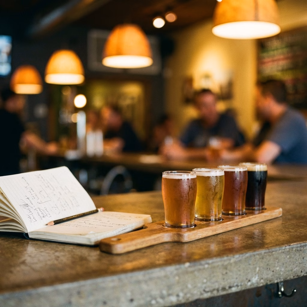A beer tasting flight of four small glasses on a wooden paddle, condensation on the glass, a notebook with simple tasting notes beside it, warm bar lighting, shallow depth of field, realistic 35mm photography