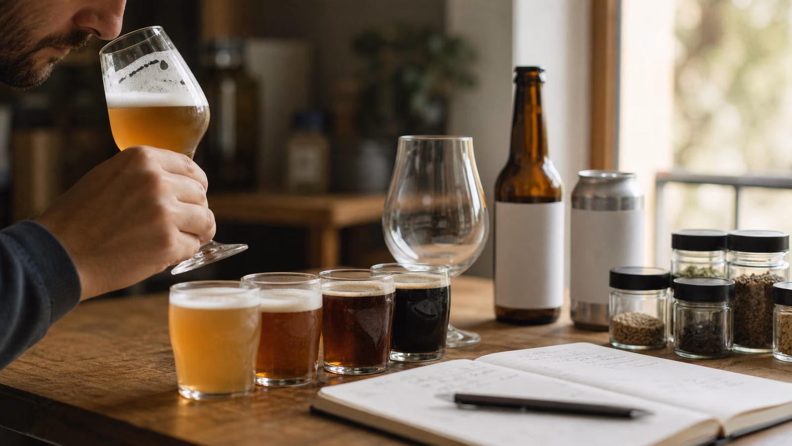 A quiet beer tasting table with unbranded glasses, a bottle, a can, aroma reference jars, and a notebook for learning about off-flavors.
