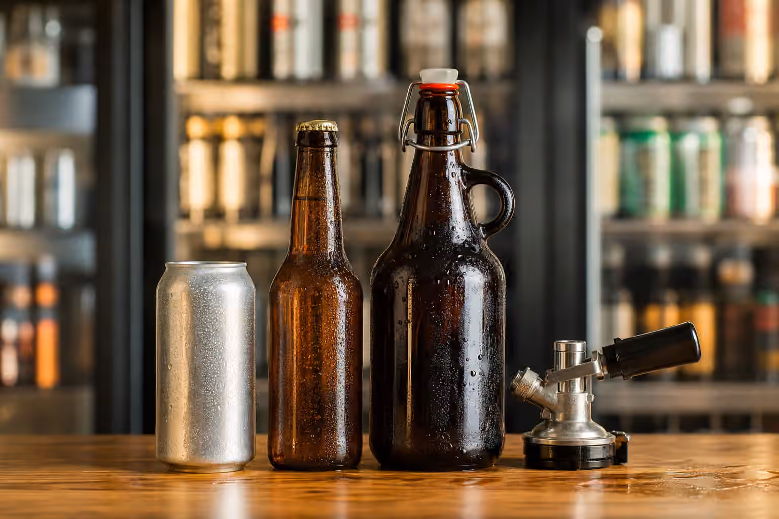 Unbranded beer cans, brown bottles, a growler, and a draft coupler on a cold bottle shop counter.