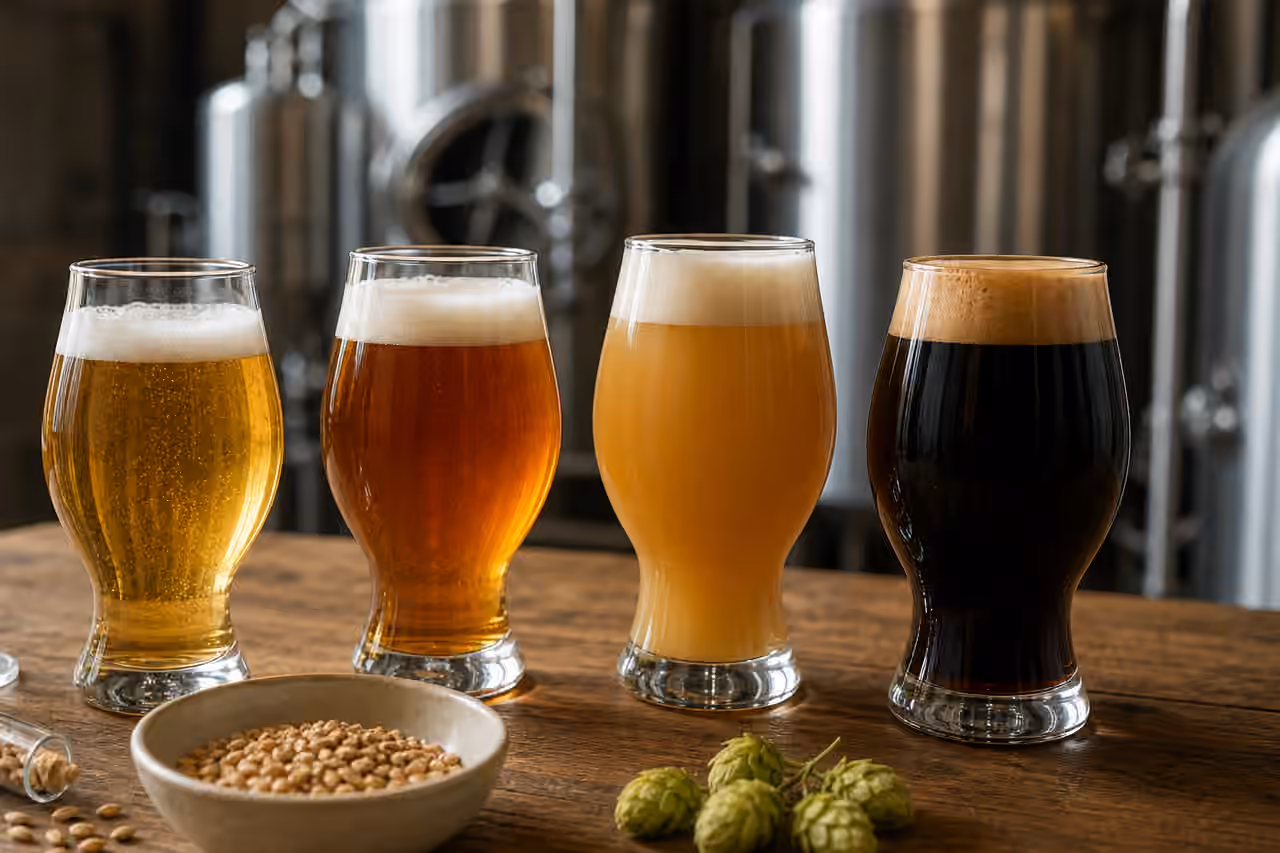 Four beer tasting glasses from pale lager to dark strong ale on a brewery table with malt and hops.