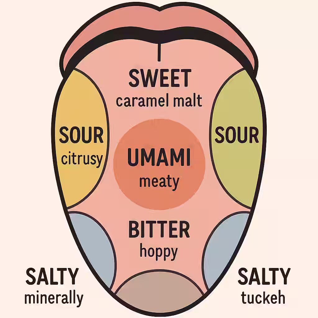 A diagram-style illustration showing a tongue map with five taste zones highlighted - sweet at tip, sour on sides, bitter at back, salty on edges, umami in center - with beer-specific flavor examples labeled for each zone