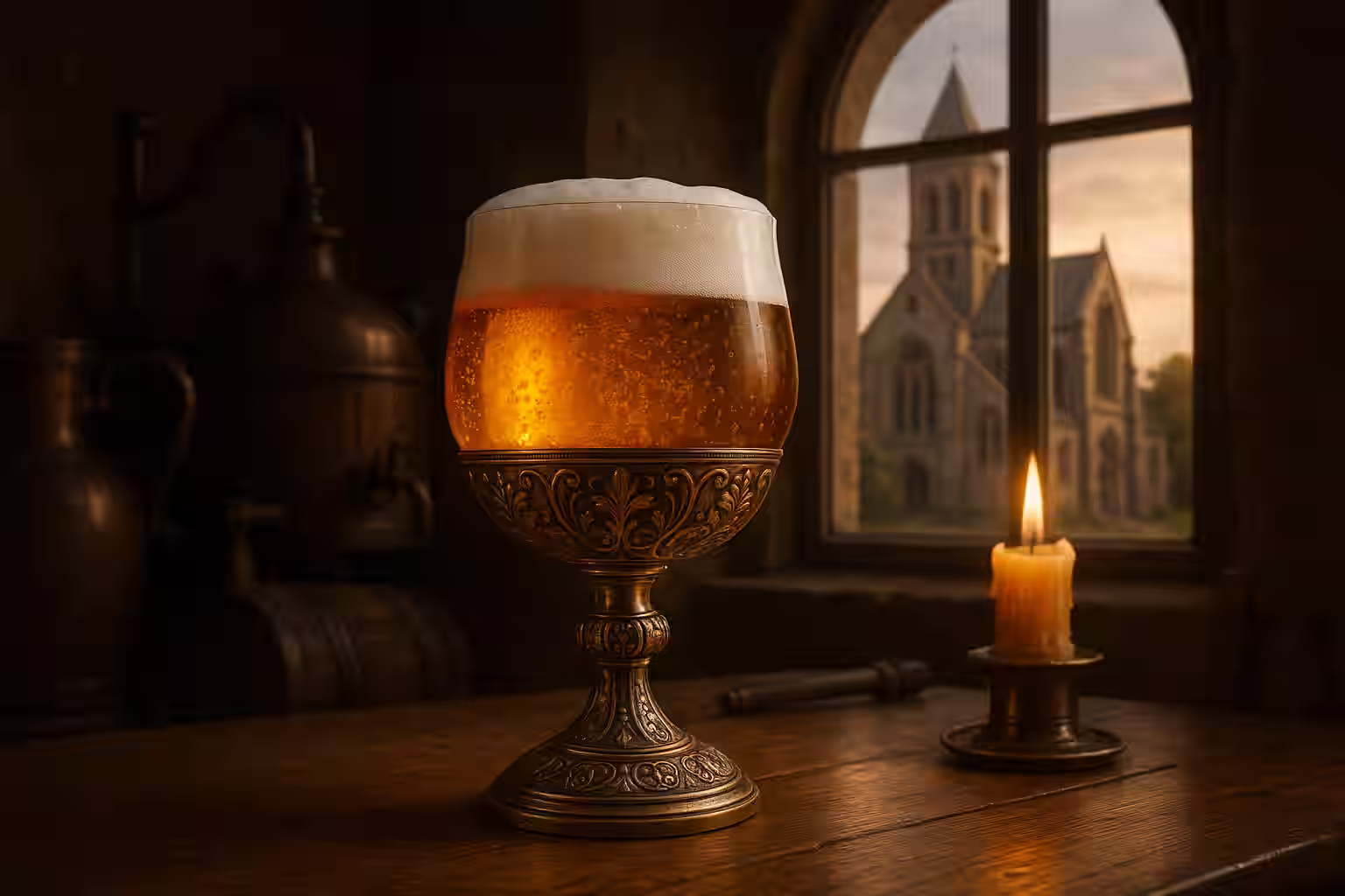 An ornate Belgian chalice filled with golden Tripel beer with active carbonation, beside traditional Belgian abbey architecture visible through a window, vintage brewing implements in the background, warm candlelit atmosphere