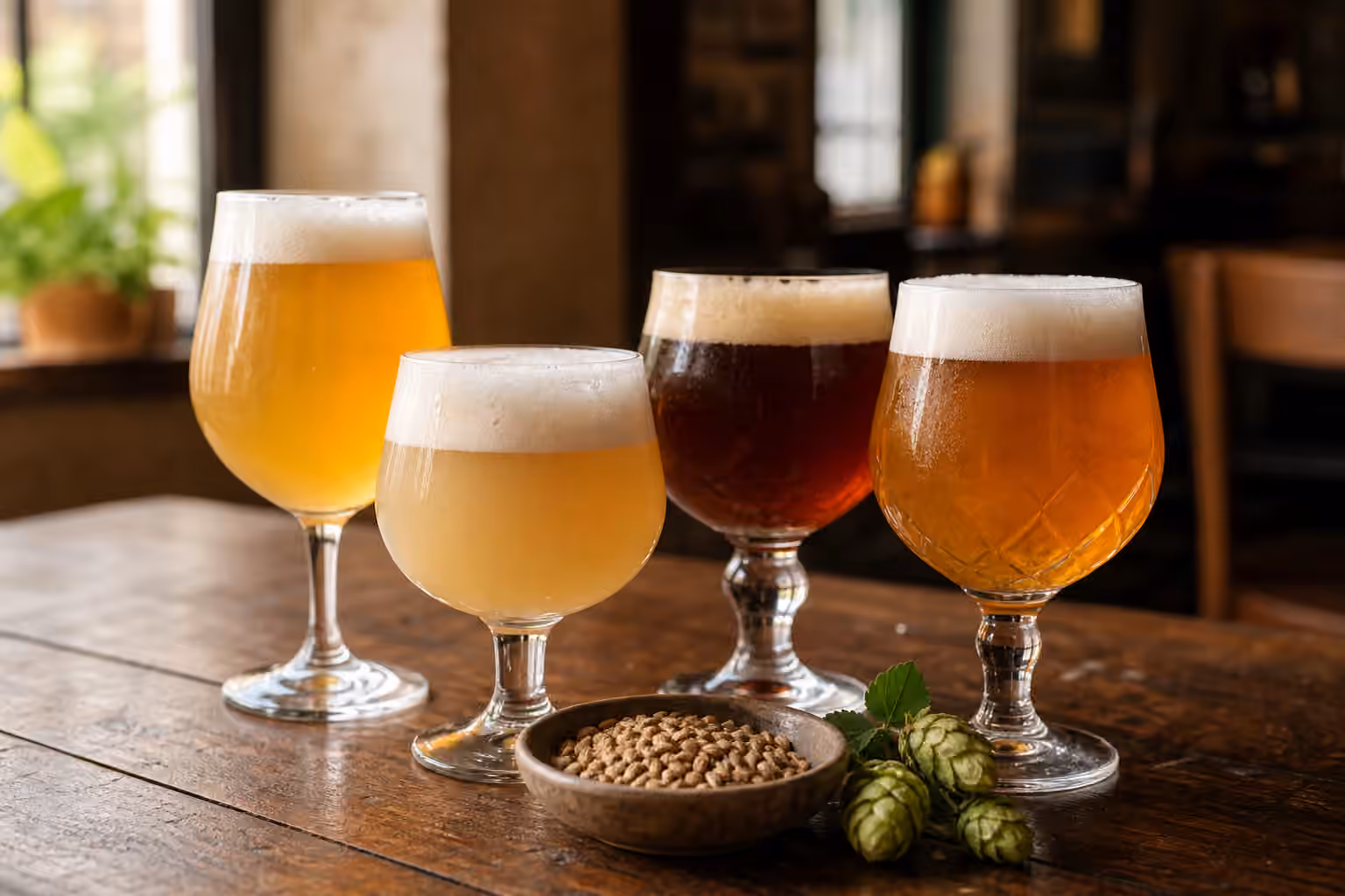 A table of unbranded Belgian-style beers in stemmed glasses with malt and hop cones.