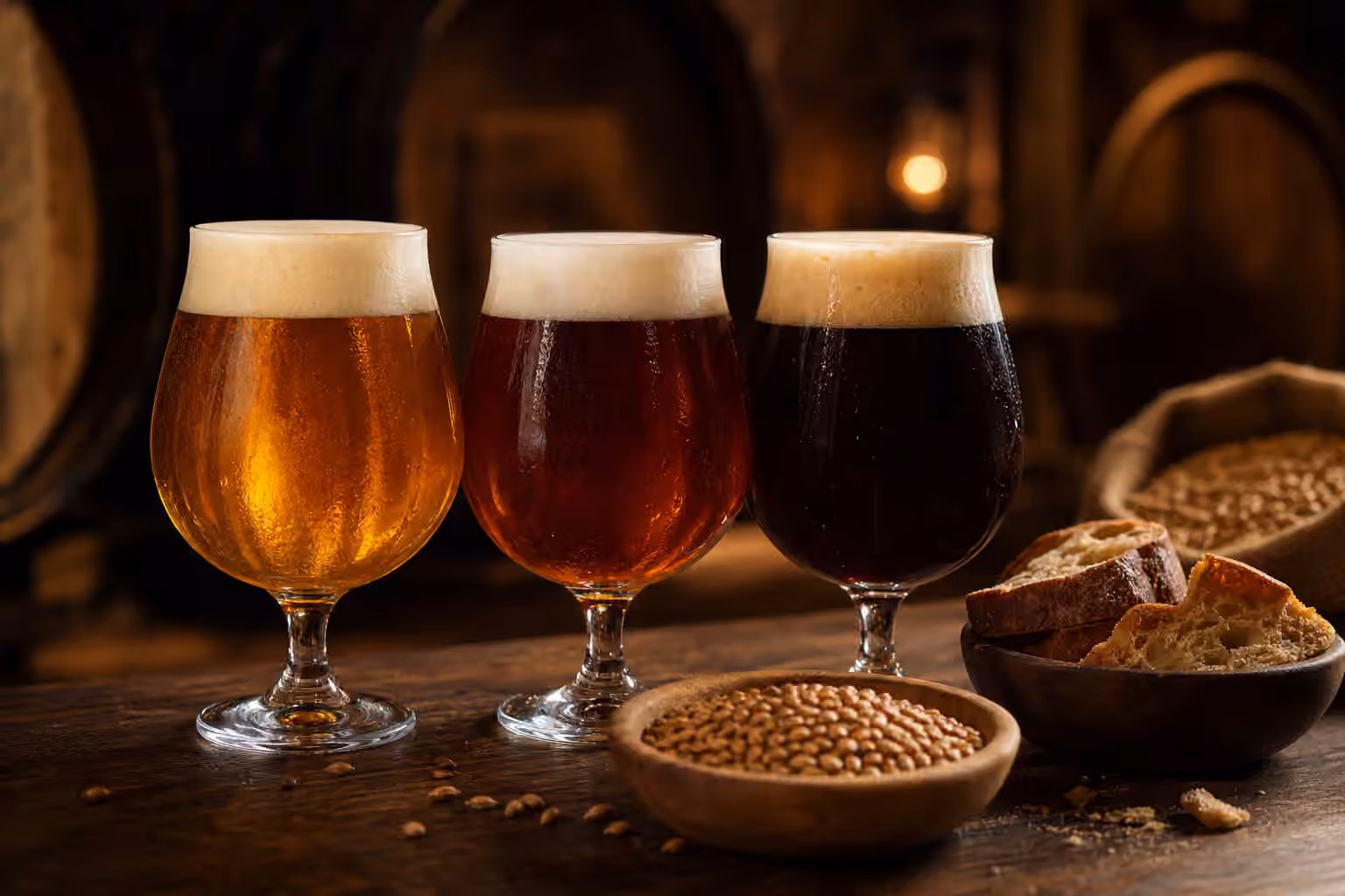 Three stemmed glasses of malty lager from deep gold to mahogany beside bowls of malt and bread.