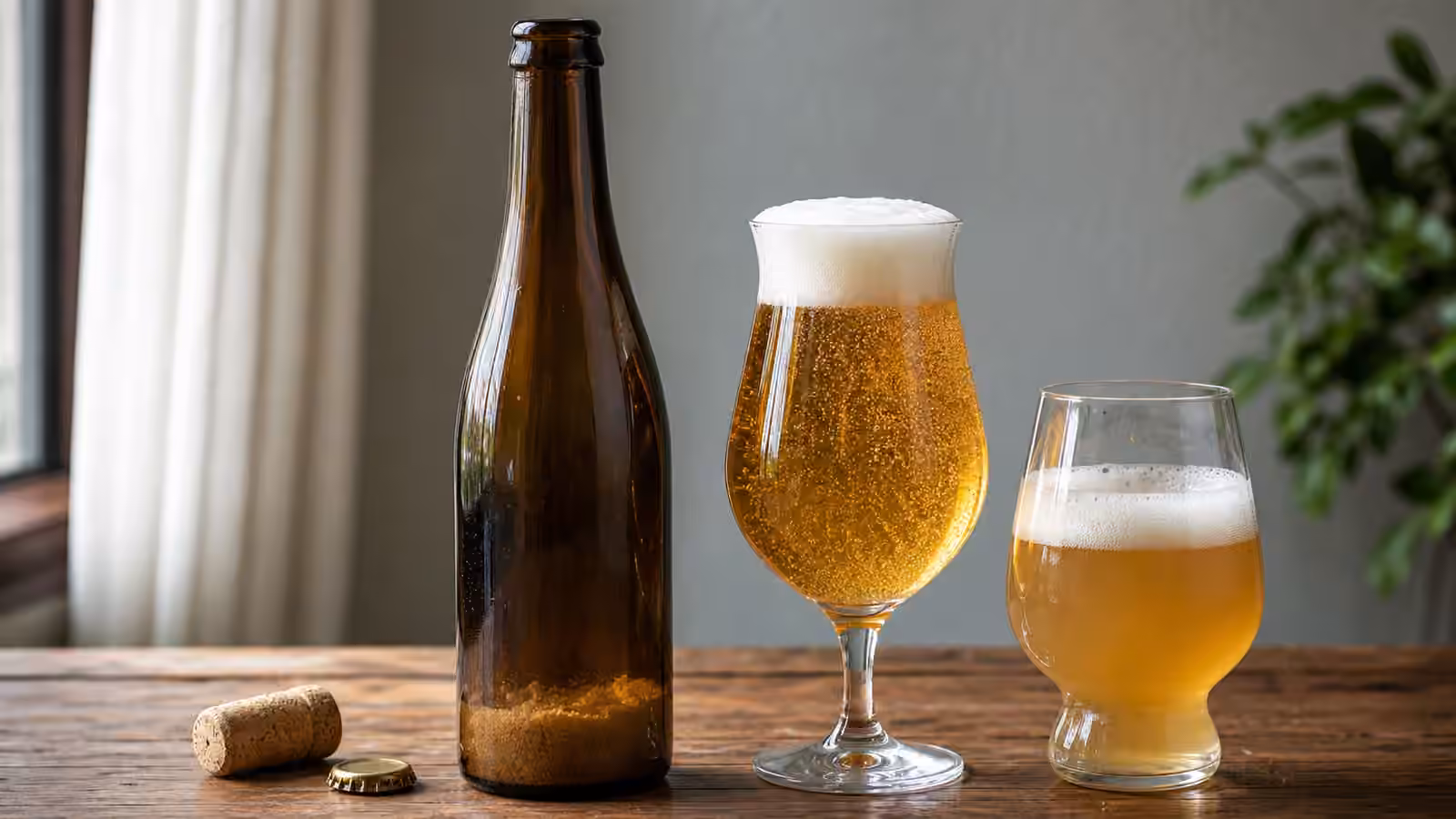 Unlabeled bottle-conditioned beer poured into glasses with bubbles, foam, and yeast sediment visible.