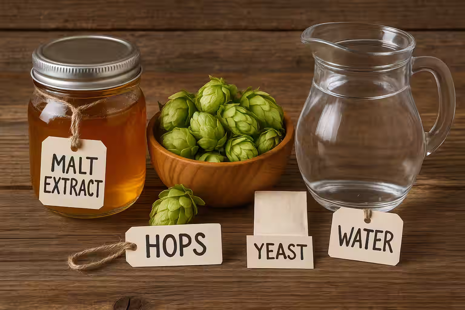 The four essential brewing ingredients arranged artistically - a glass jar of golden malt extract, whole hop cones in a wooden bowl, a packet of brewing yeast, and a clear pitcher of filtered water, labeled with handwritten tags on a rustic wooden surface