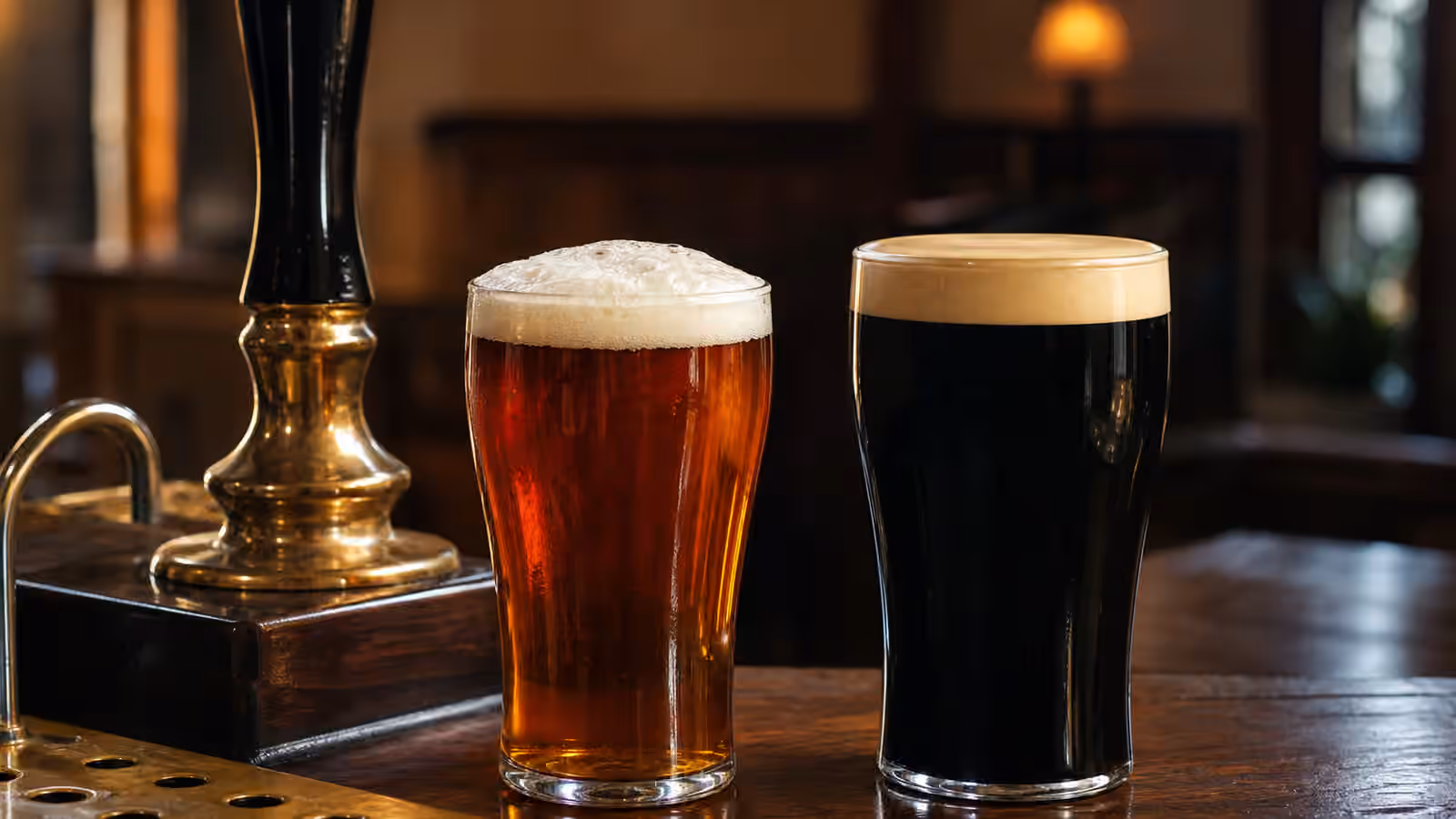 A hand-pulled cask ale beside a dark nitro beer with creamy foam on a quiet pub bar.